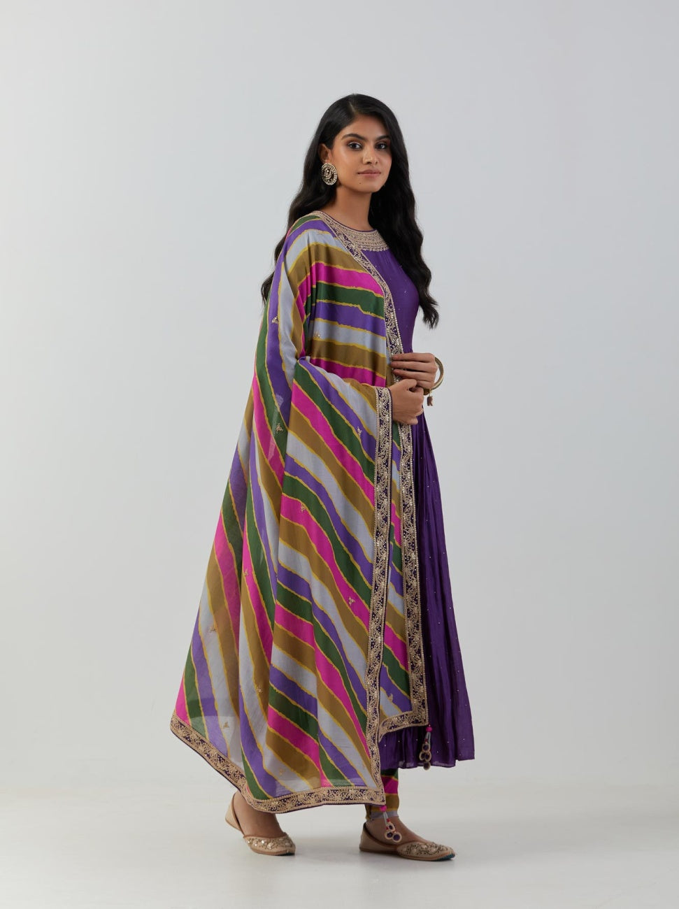 Purple Anarkali Set With Round Neck
