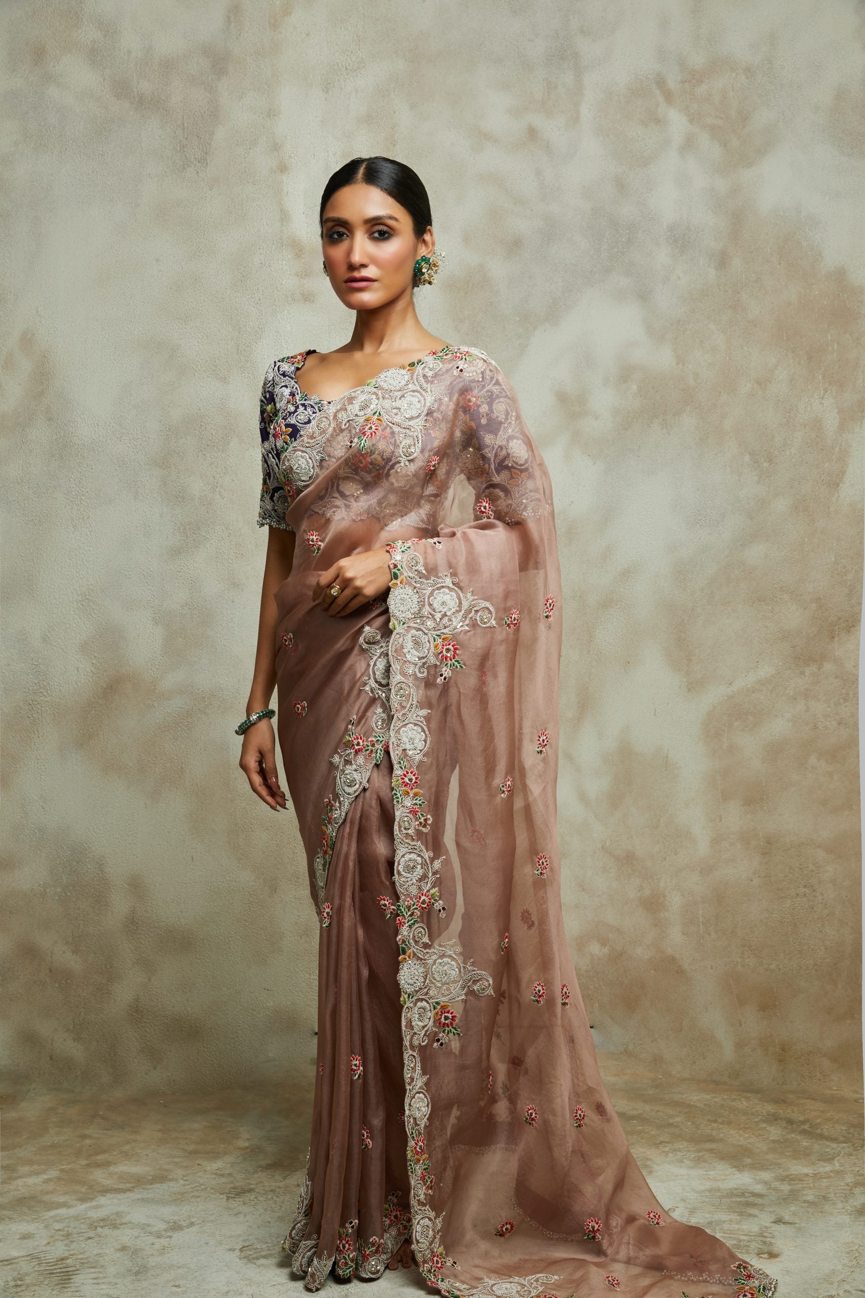 Silk blouse with organza saree
