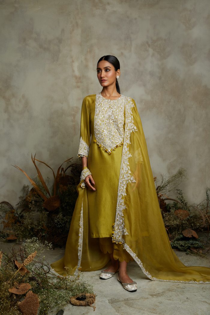 Olive Green Silk kurta with organza dupatta and cotton satin pants – Deval  The Multi Designer Store