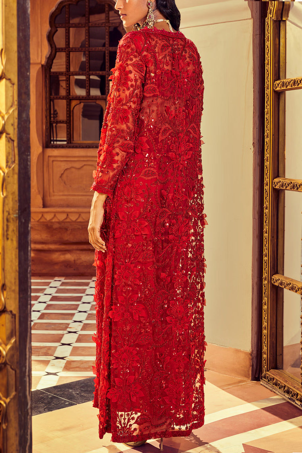 Retro Love Scarlet Red Organza Embellished 3D Jacket Set