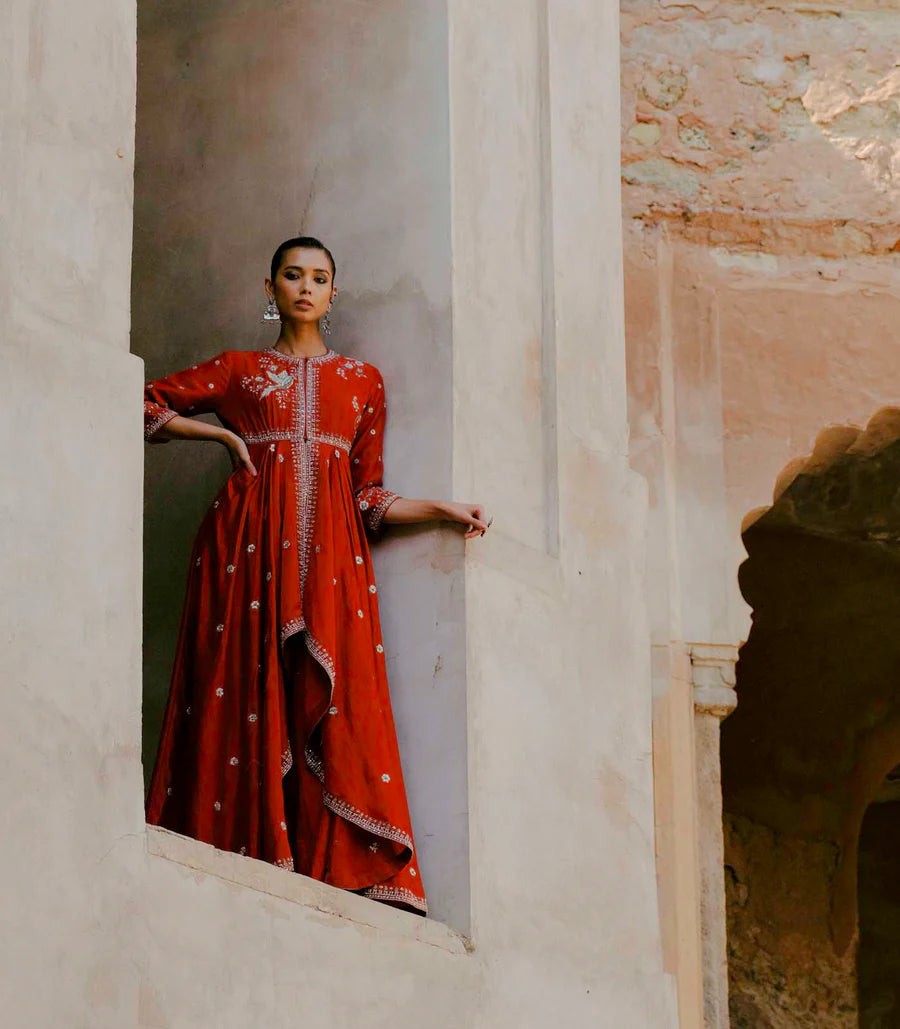 Red Anarkali Embroidered Drape Set