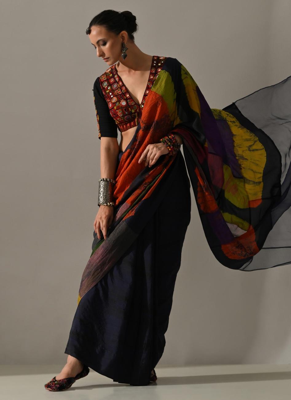 Multi Patchwork Hand Embroidered Saree Set