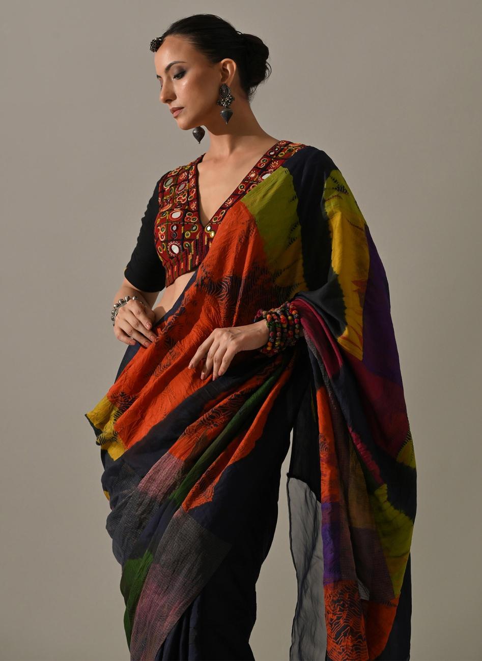 Multi Patchwork Hand Embroidered Saree Set