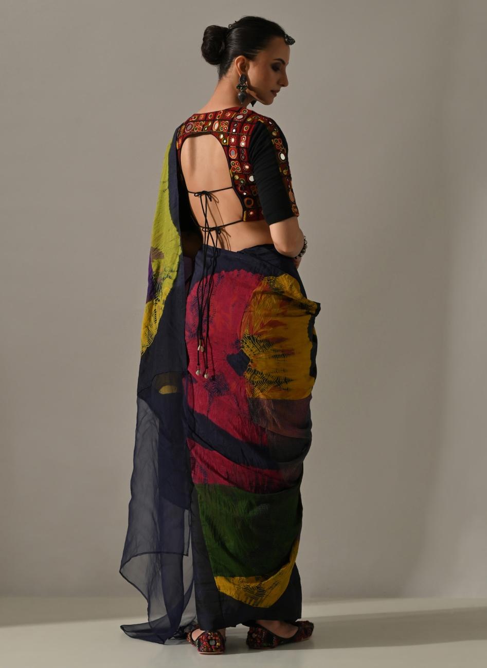 Multi Patchwork Hand Embroidered Saree Set