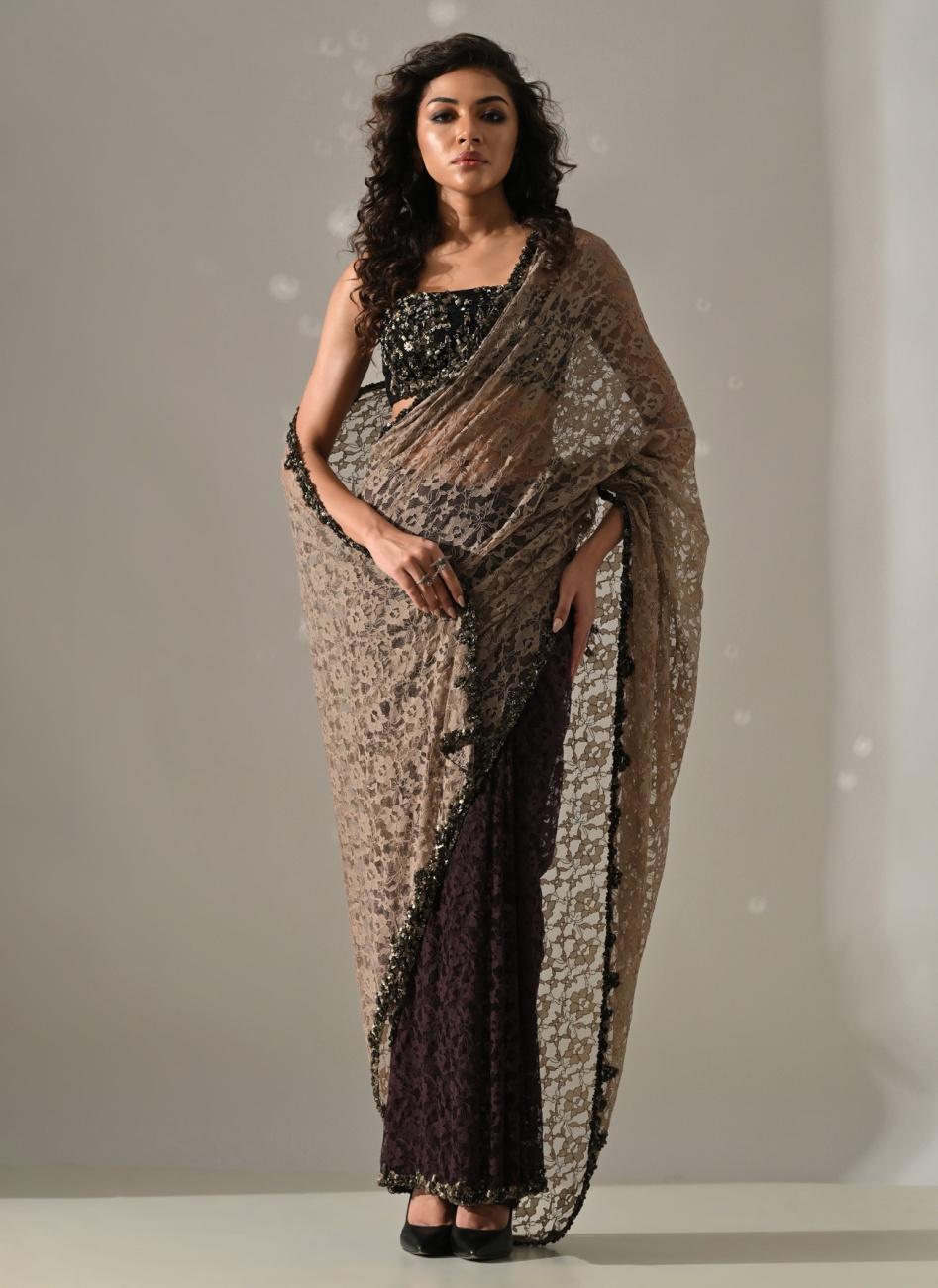 Beige Plum Lace Ombre Dyed Saree Set