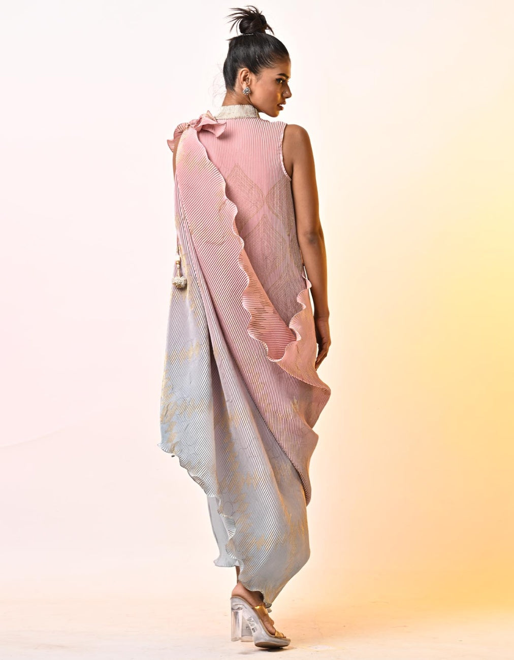 Salmon Powder Blue Pleated Drape Dress