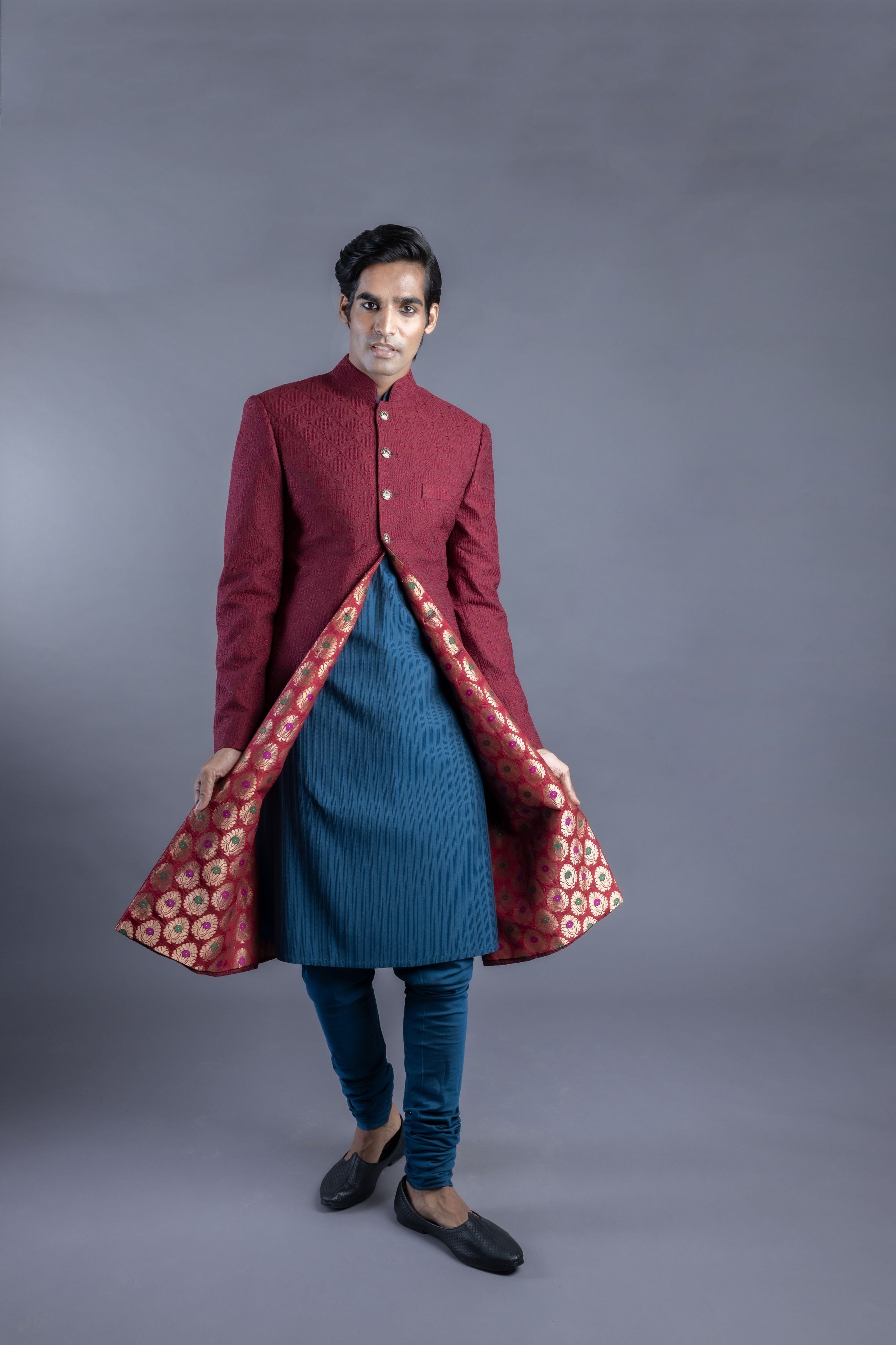 Maroon Embroidered Sherwani And Kurta Set