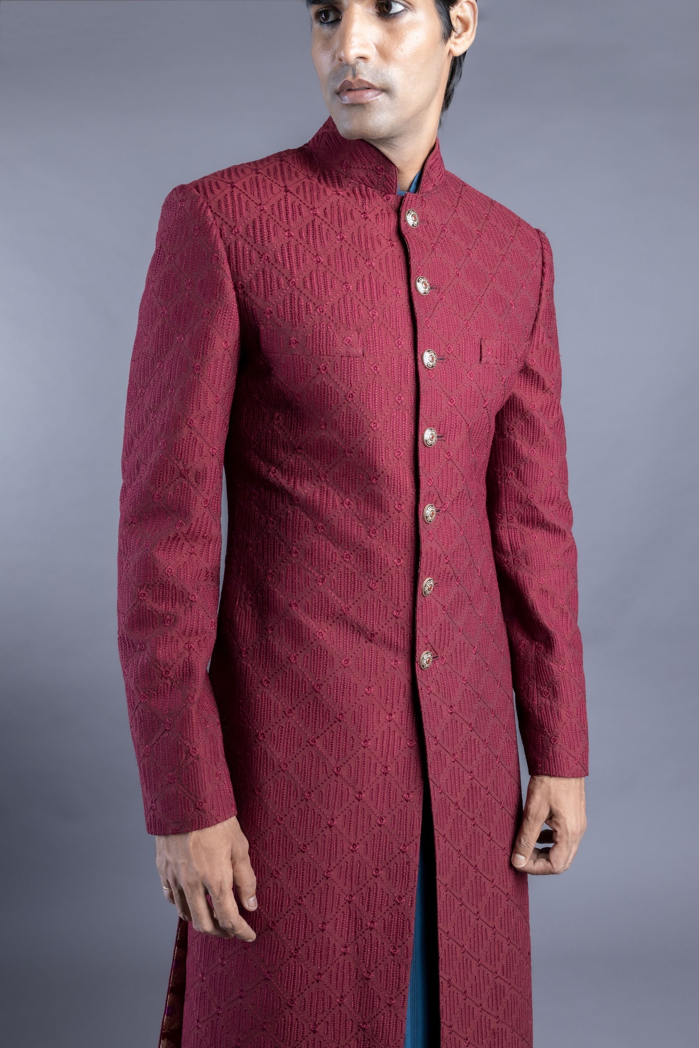 Maroon Embroidered Sherwani And Kurta Set