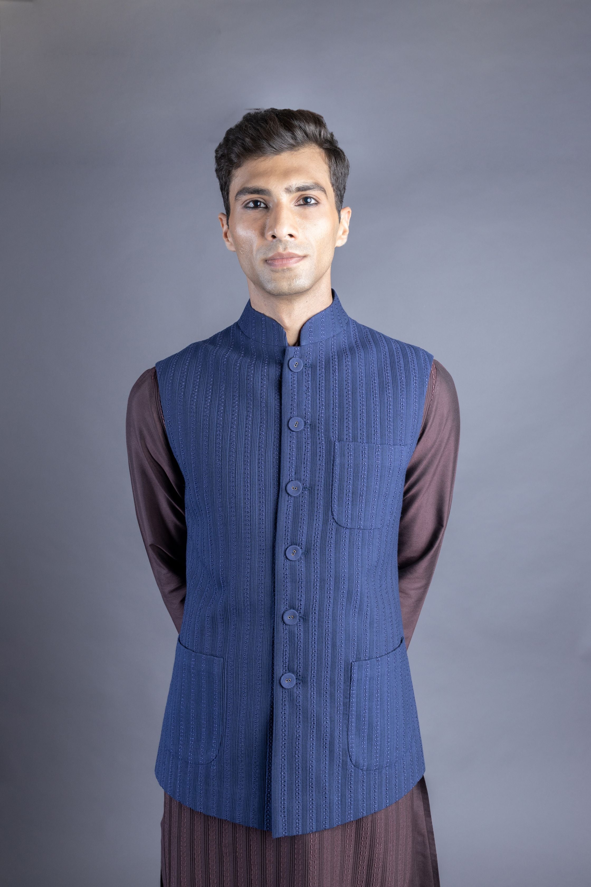 Blue Cotton Stripe Pintuck Bundi And Kurta Set