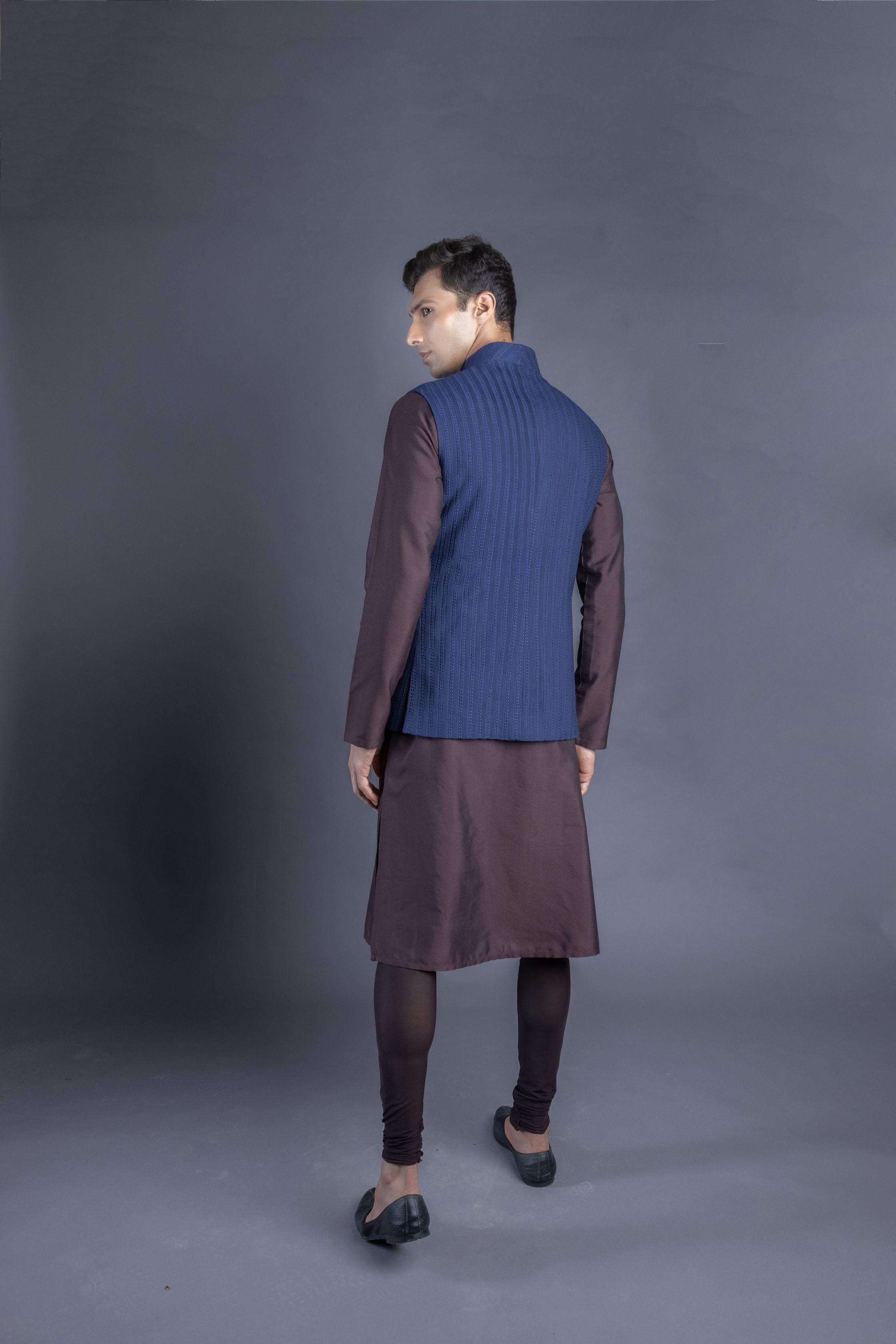 Blue Cotton Stripe Pintuck Bundi And Kurta Set
