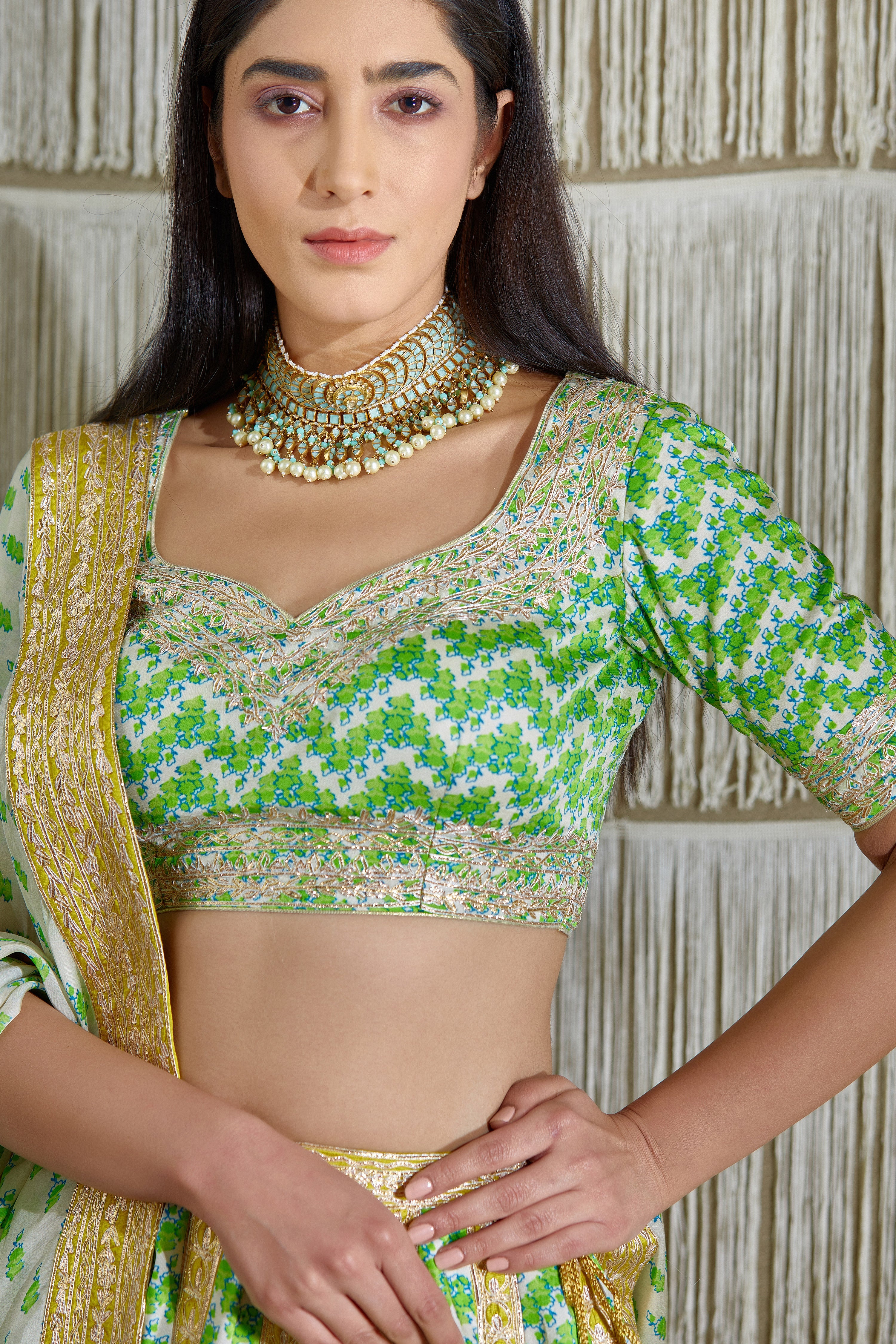 Green Cotton Satin Floral Print Lehenga Set