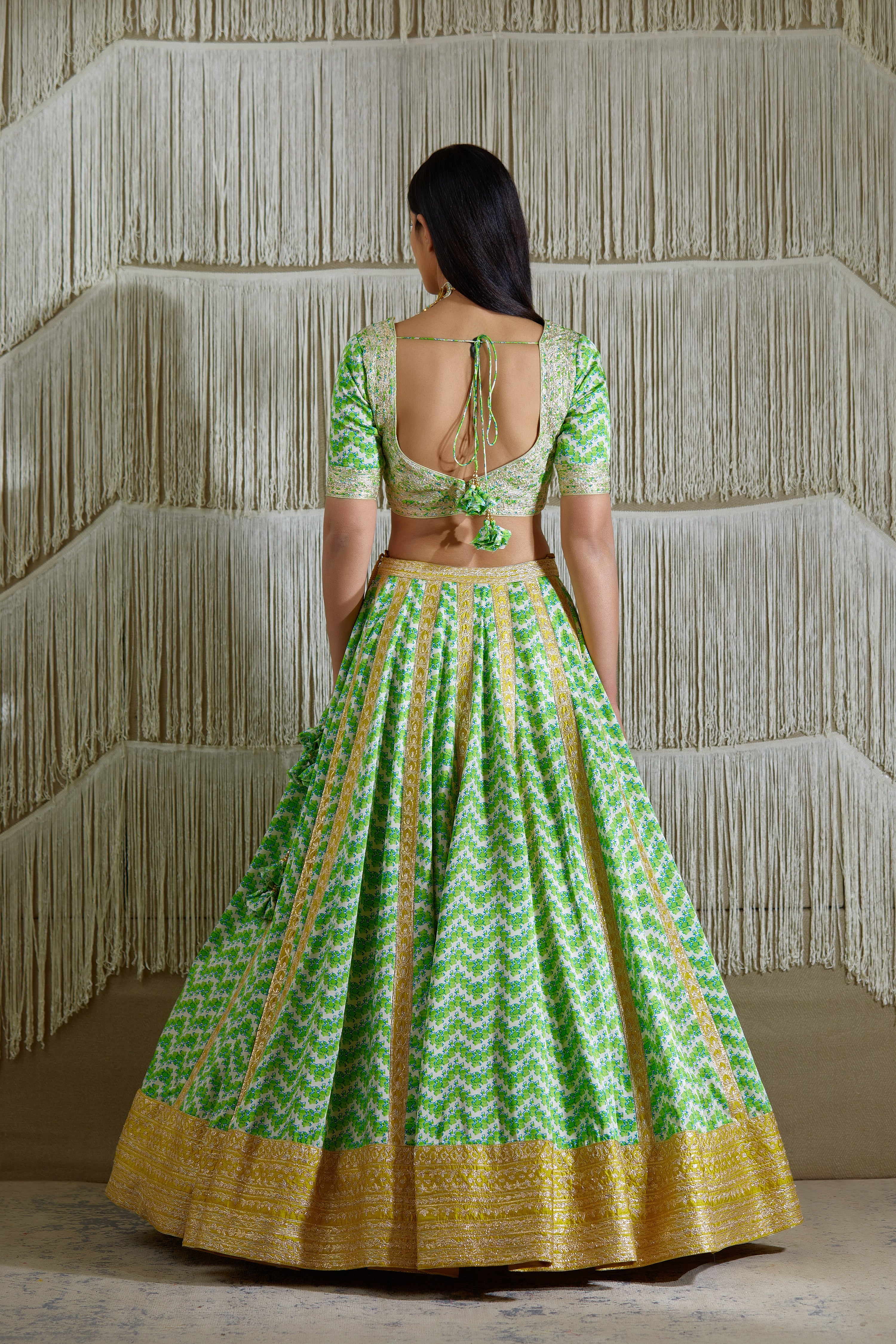Green Cotton Satin Floral Print Lehenga Set