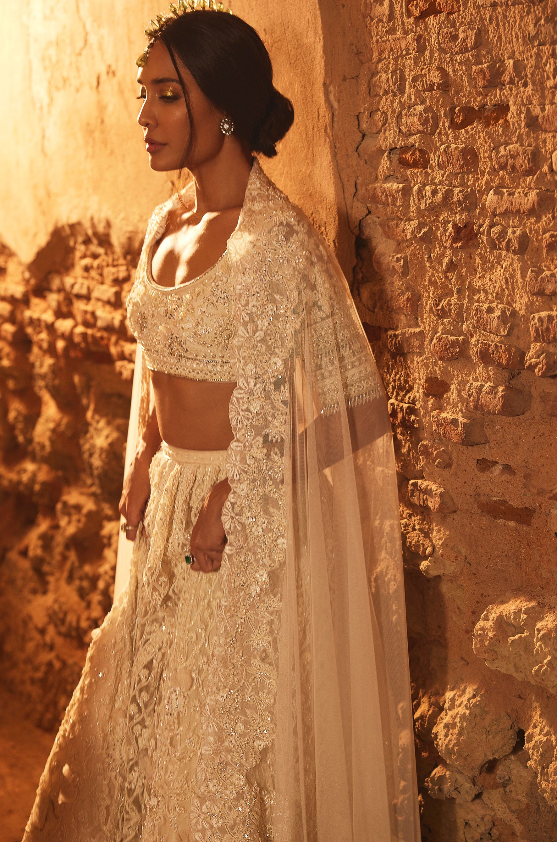 Ivory Net Embroidered Floral Lehenga Set