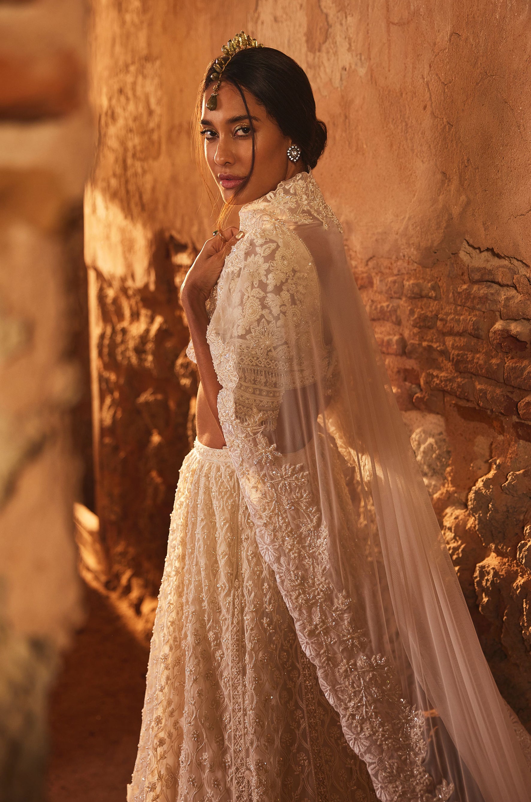 Ivory Net Embroidered Floral Lehenga Set