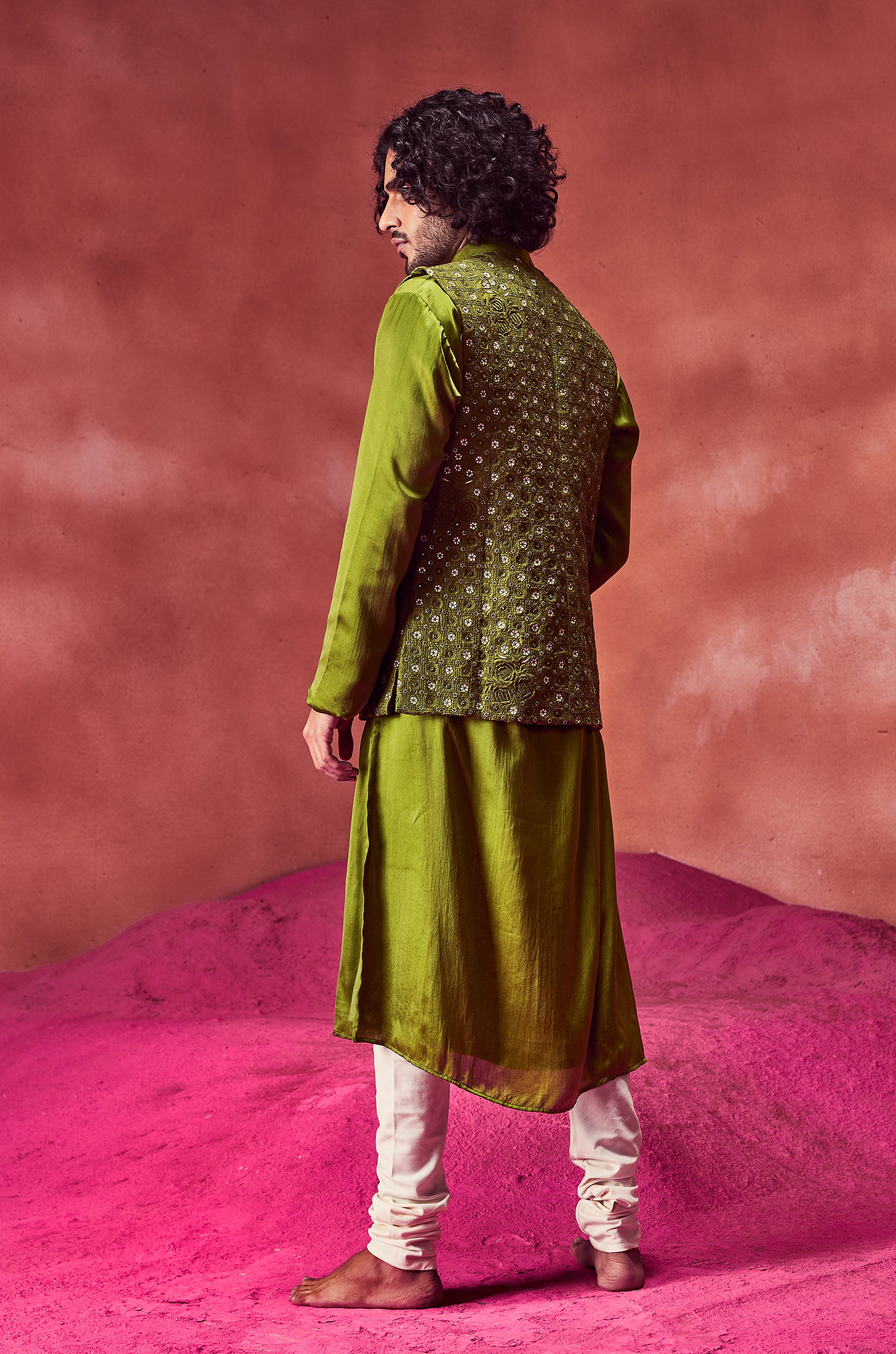 Olive Green Silk Kurta With Bandi & Churidar