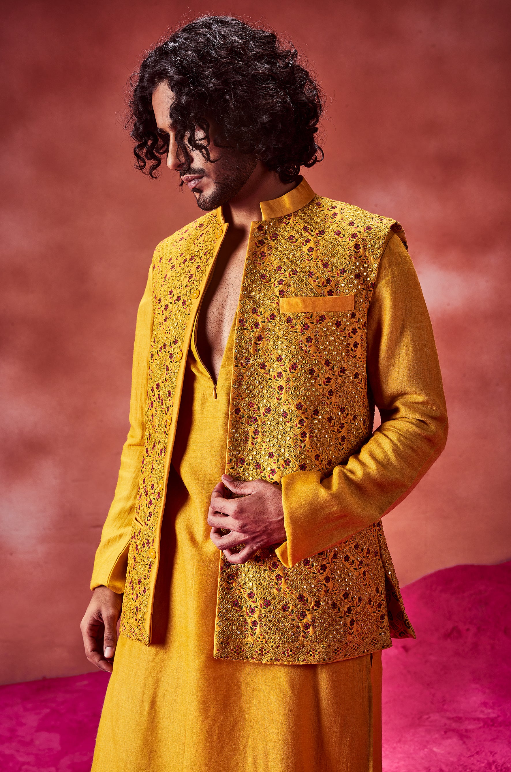 Yellow Kurta Paired With Emrboidered Bandi & Churidar