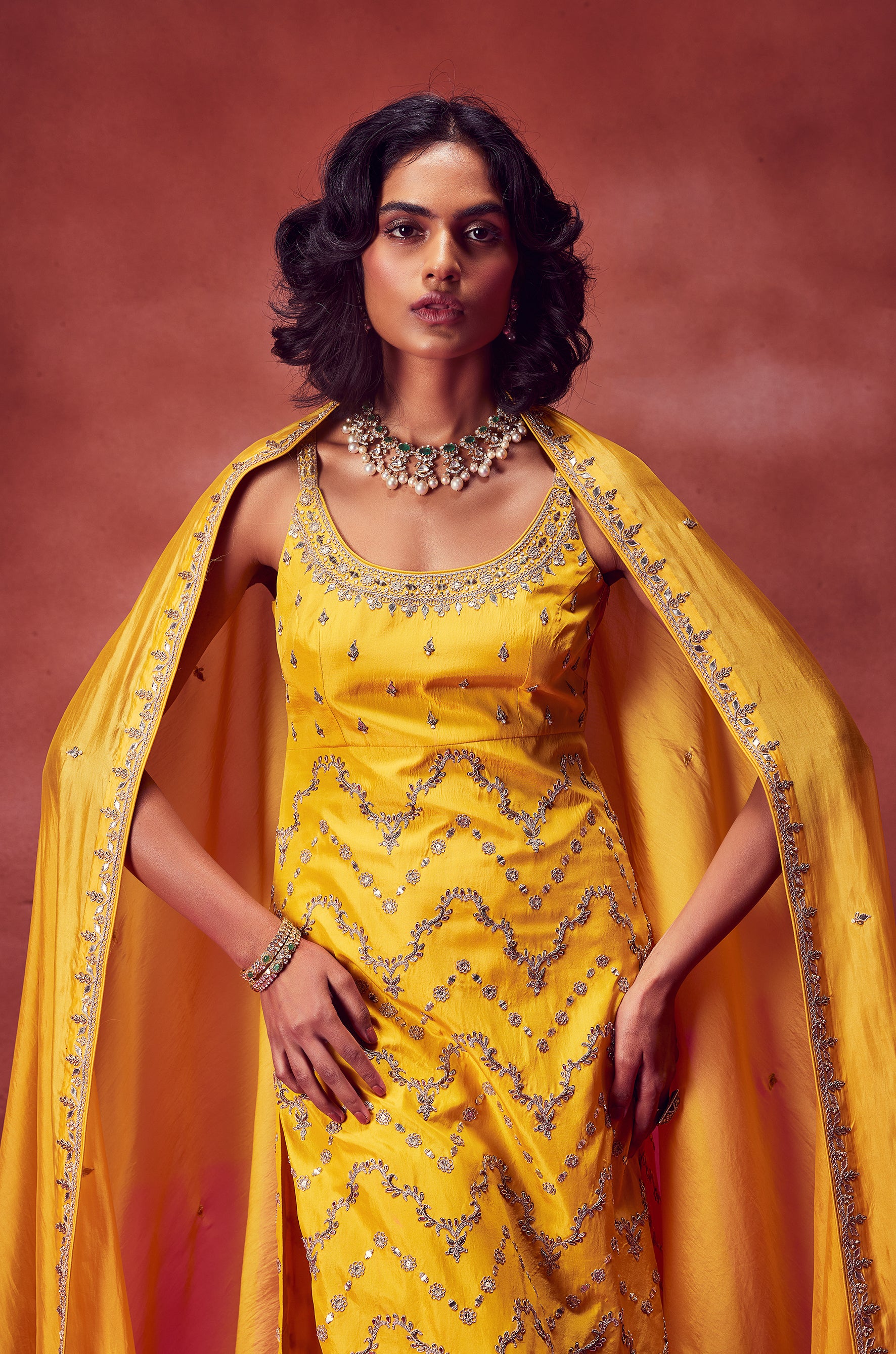 Yellow Strappy Hand Embroidered Kurti With Dupatta & Churidar