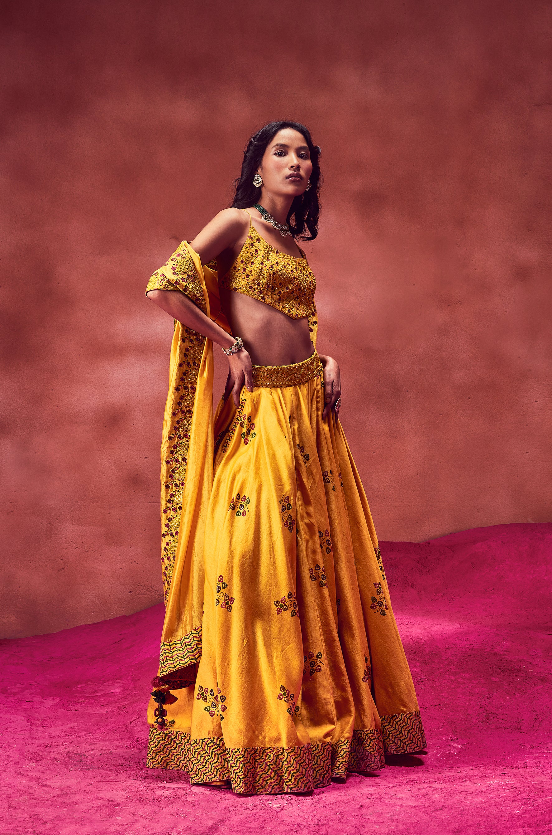 Yellow Printed Lehenga With Top & Dupatta