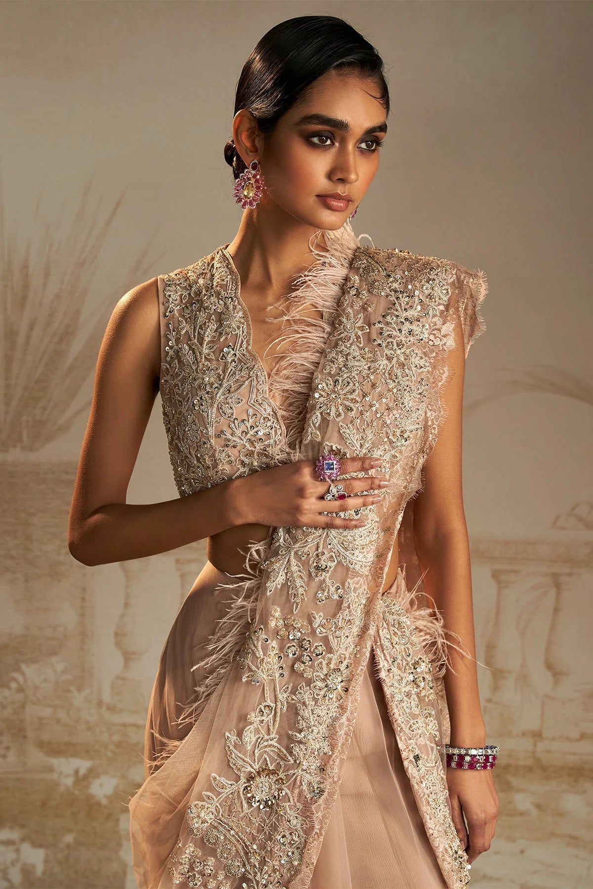 Pakeeza Champagne Saree Set