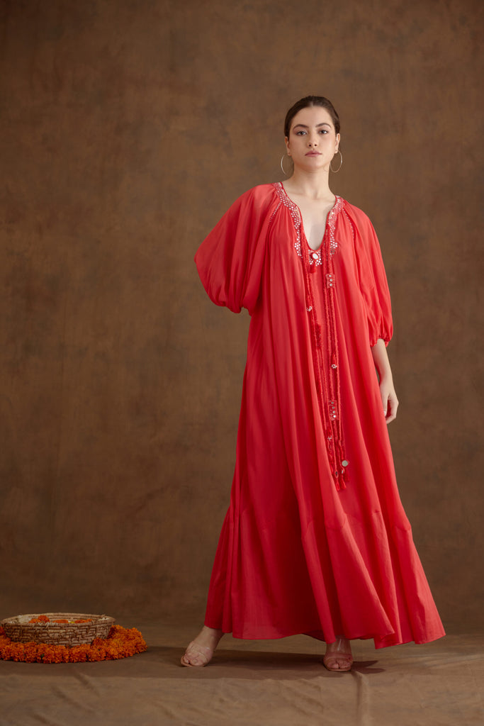 Coral hand embroidered Maxi dress