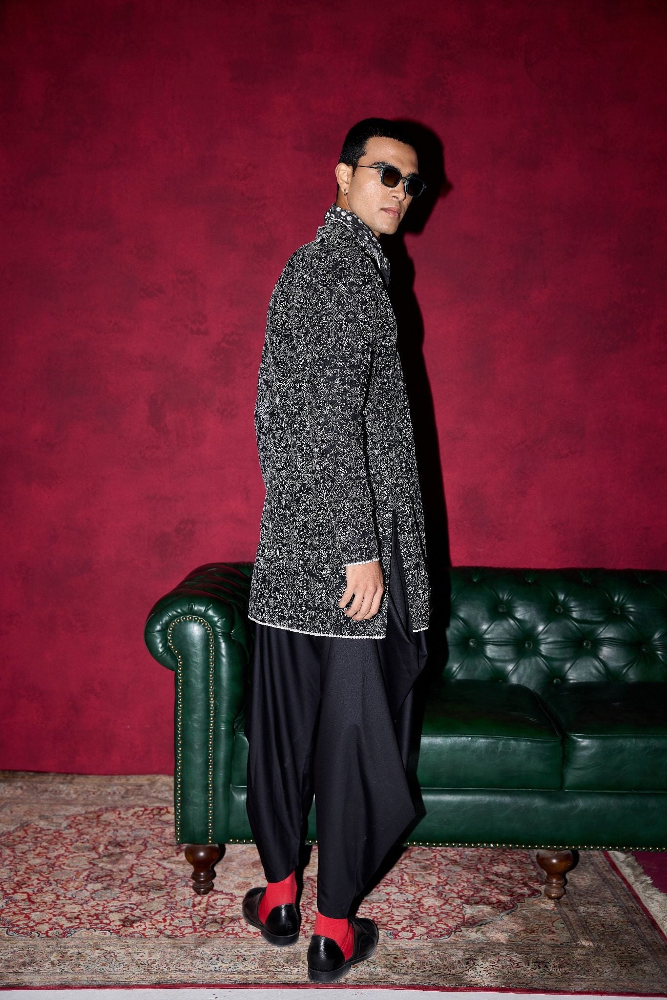 Kasuti Floral+Grid Deep Neck Kurta