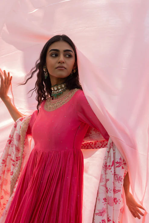 Pink Embroidered Rani Haar Work Anarkali Set