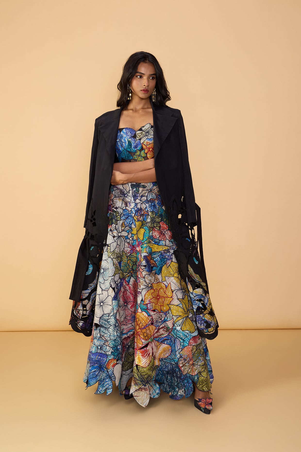 Denzel Trench, Larissa Corset Blouse & Zoya Lehenga Skirt