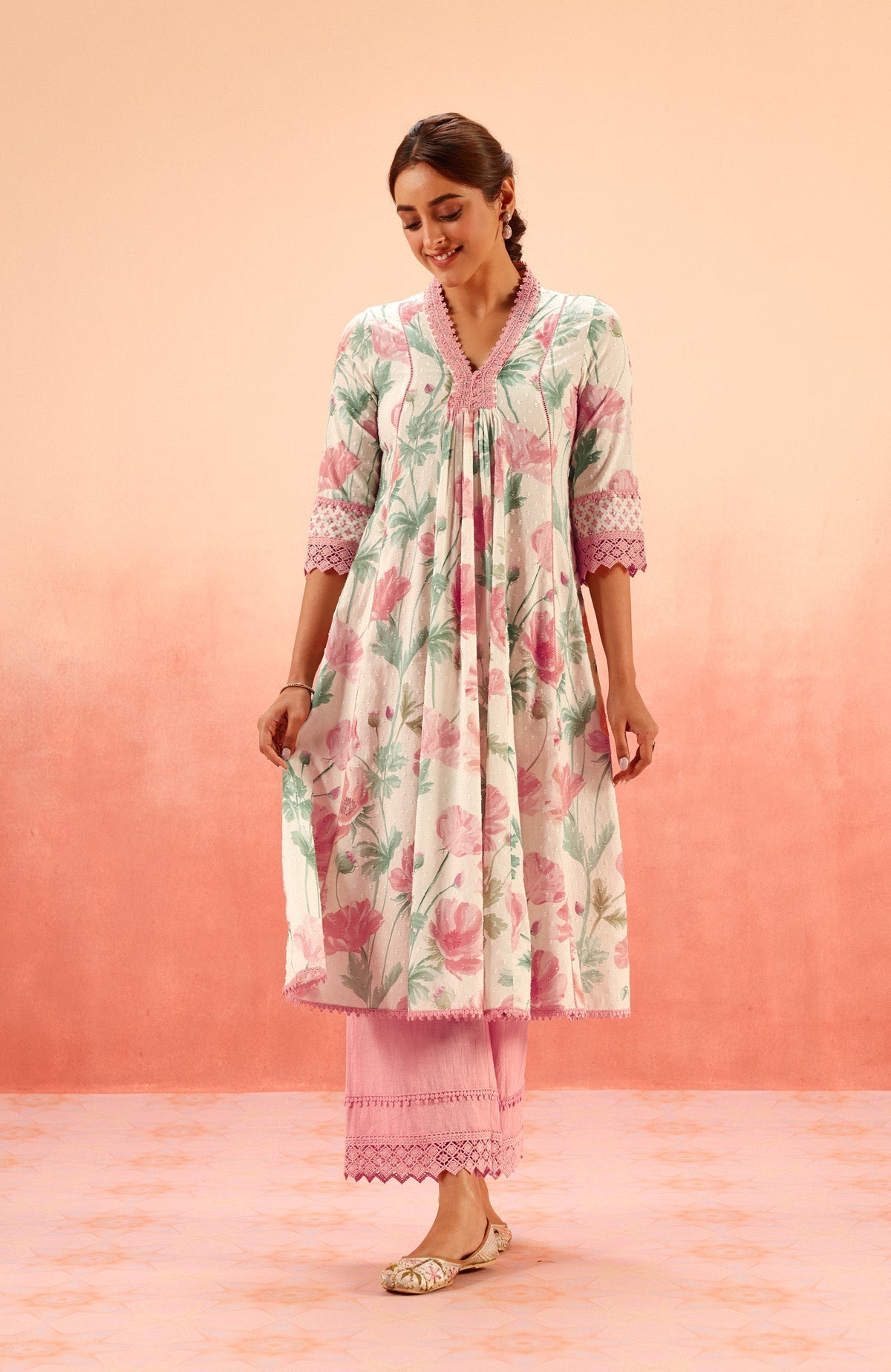 AVNI PINK FLORAL PRINTED COTTON DOBBY HANDCRAFTED KURTA SET