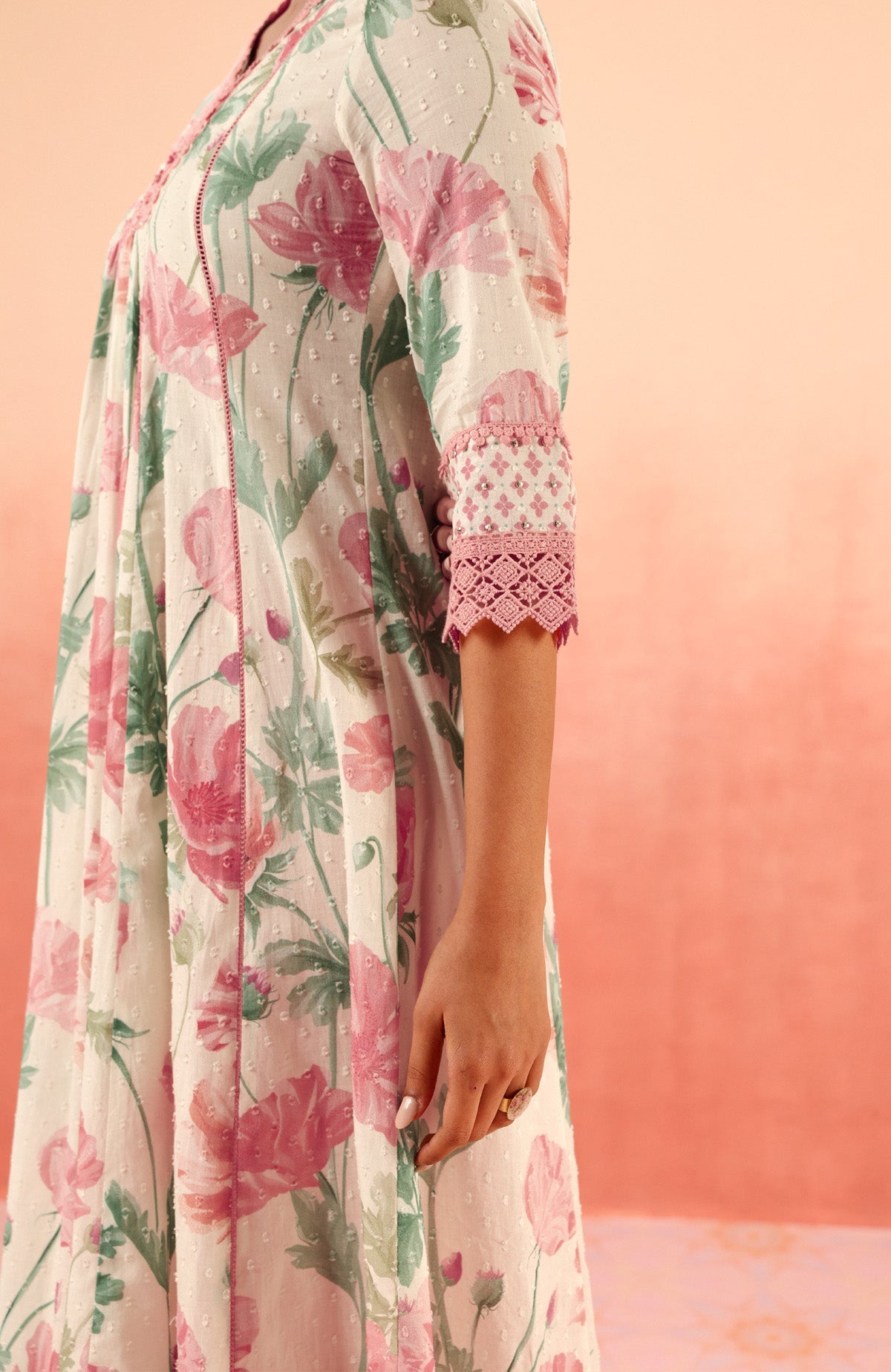 AVNI PINK FLORAL PRINTED COTTON DOBBY HANDCRAFTED KURTA SET