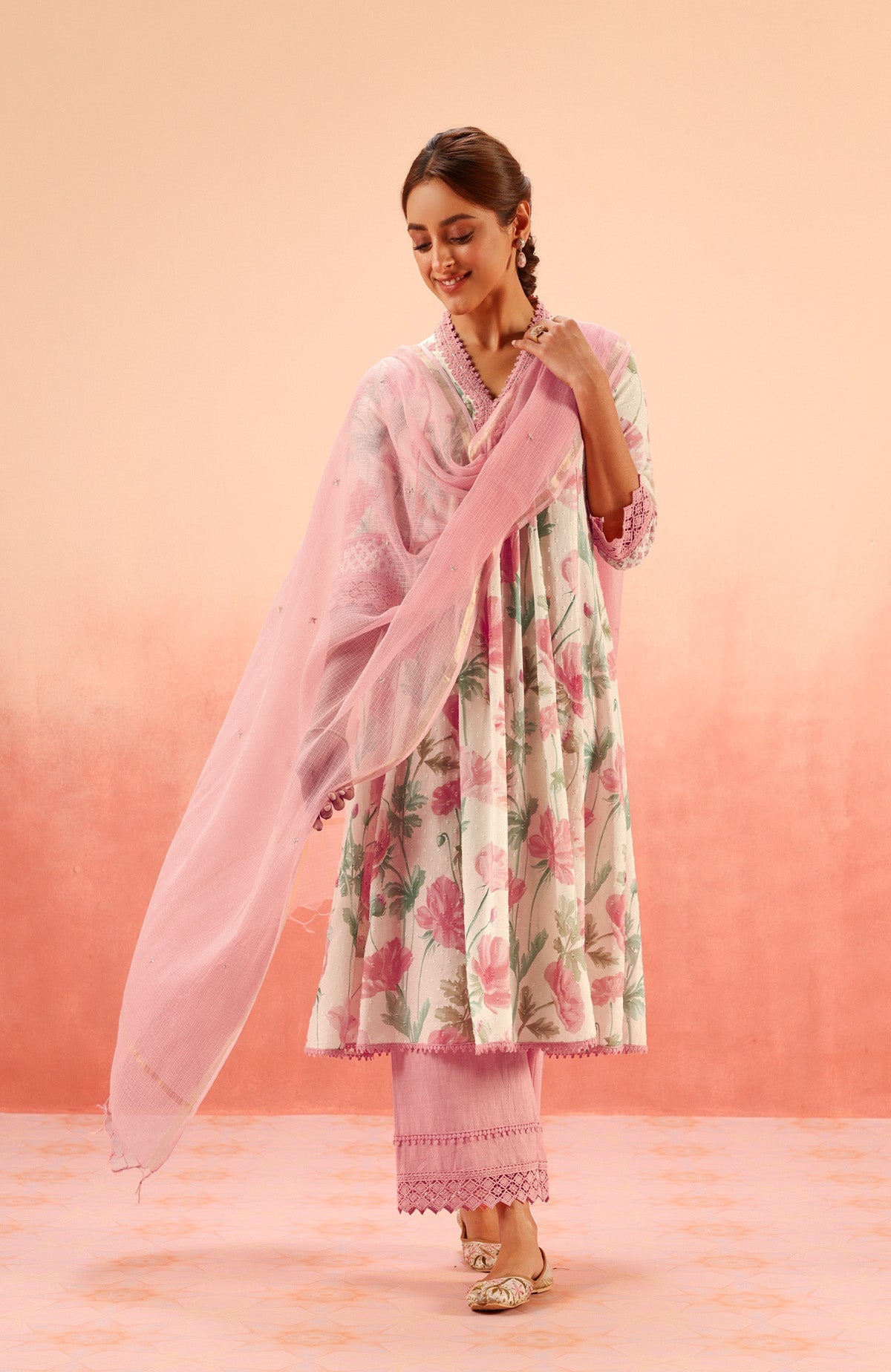 AVNI PINK FLORAL PRINTED COTTON DOBBY HANDCRAFTED KURTA SET