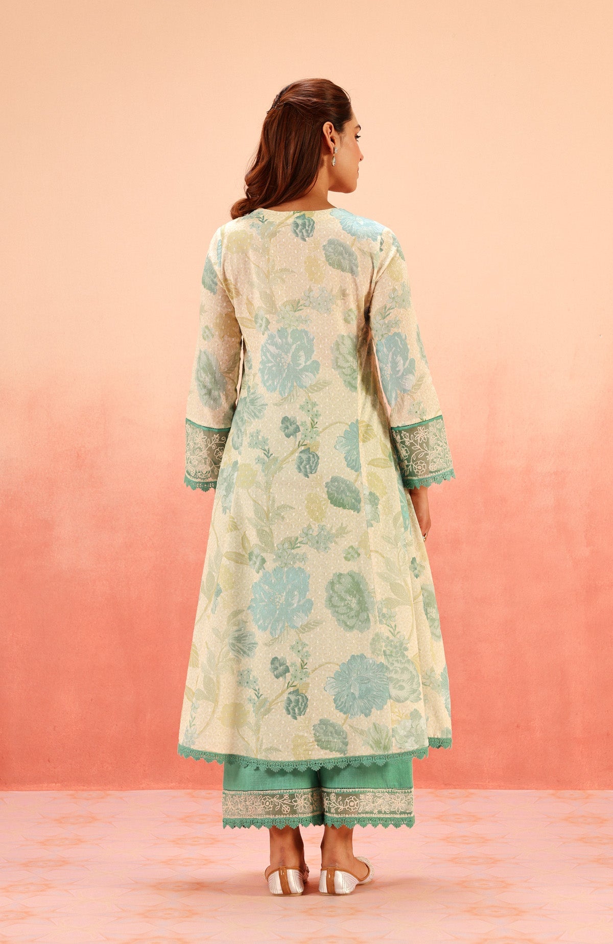 ANAYA GREEN FLORAL PRINTED COTTON DOBBY KURTA SET