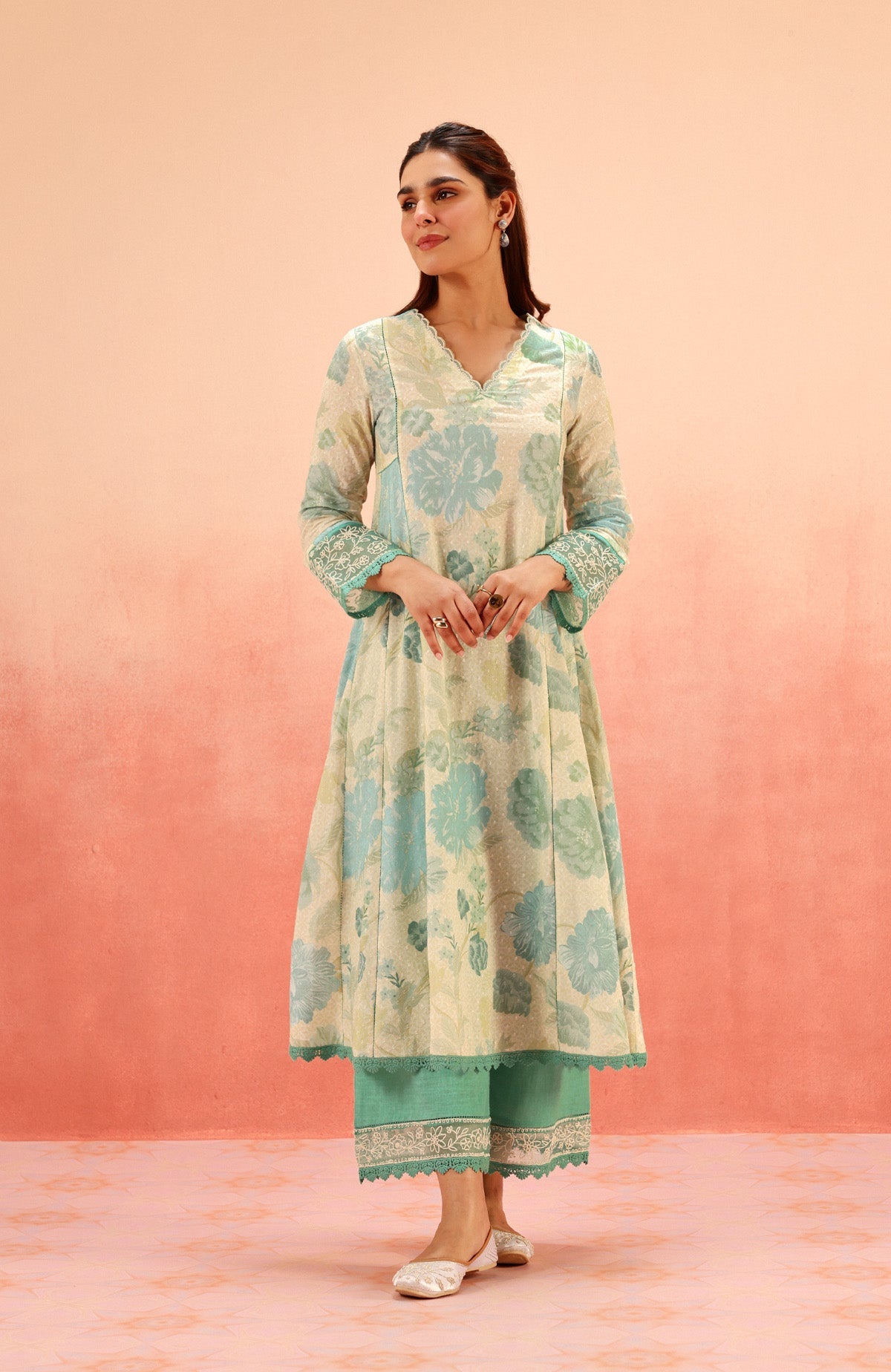 ANAYA GREEN FLORAL PRINTED COTTON DOBBY KURTA SET