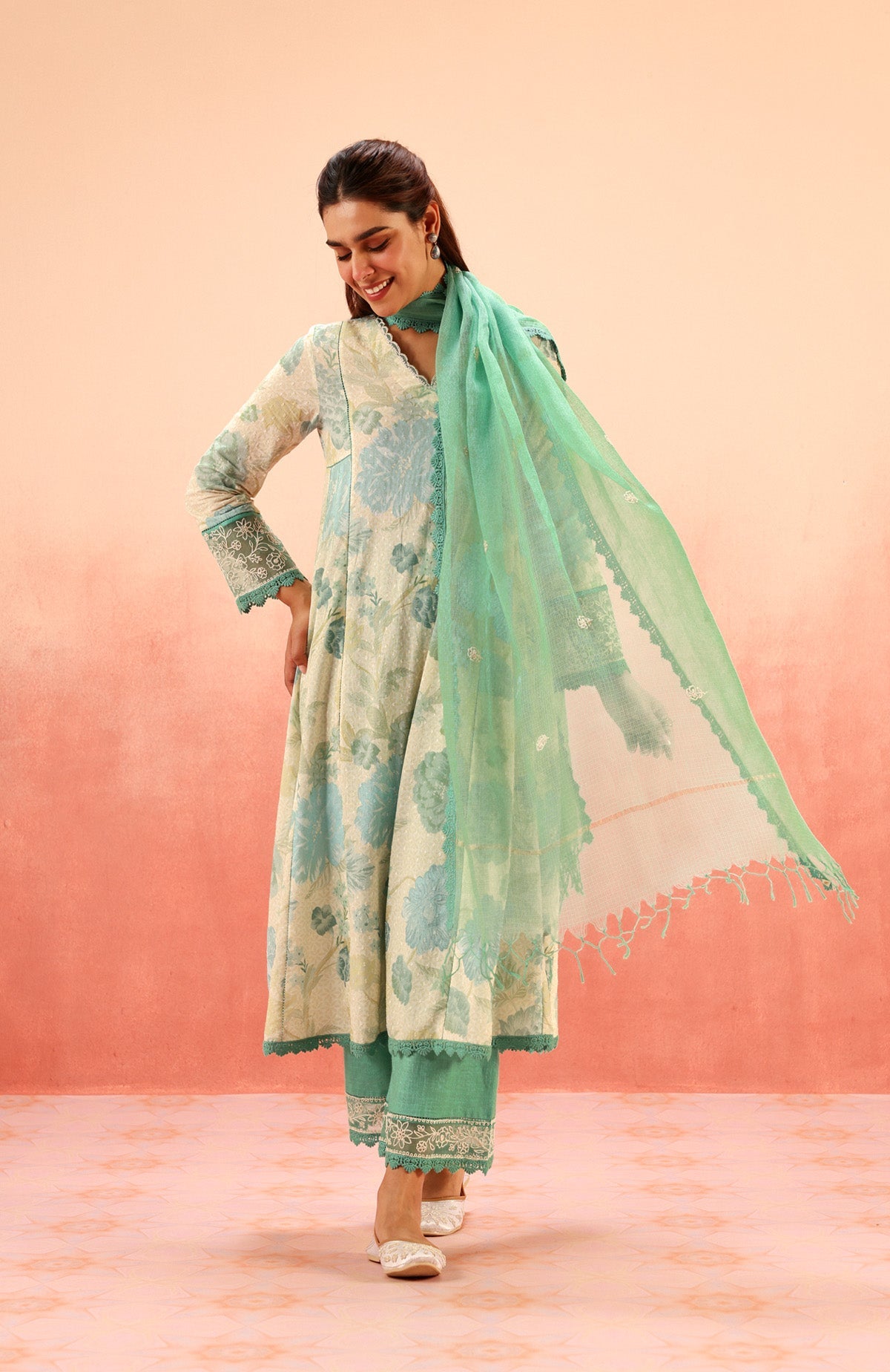 ANAYA GREEN FLORAL PRINTED COTTON DOBBY KURTA SET