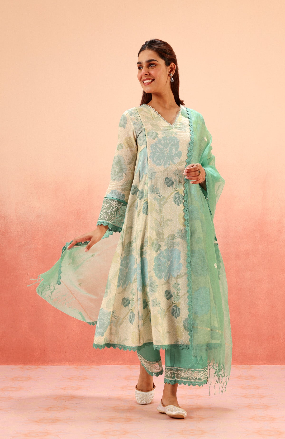Anaya Green Floral Printed Cotton Dobby Kurta