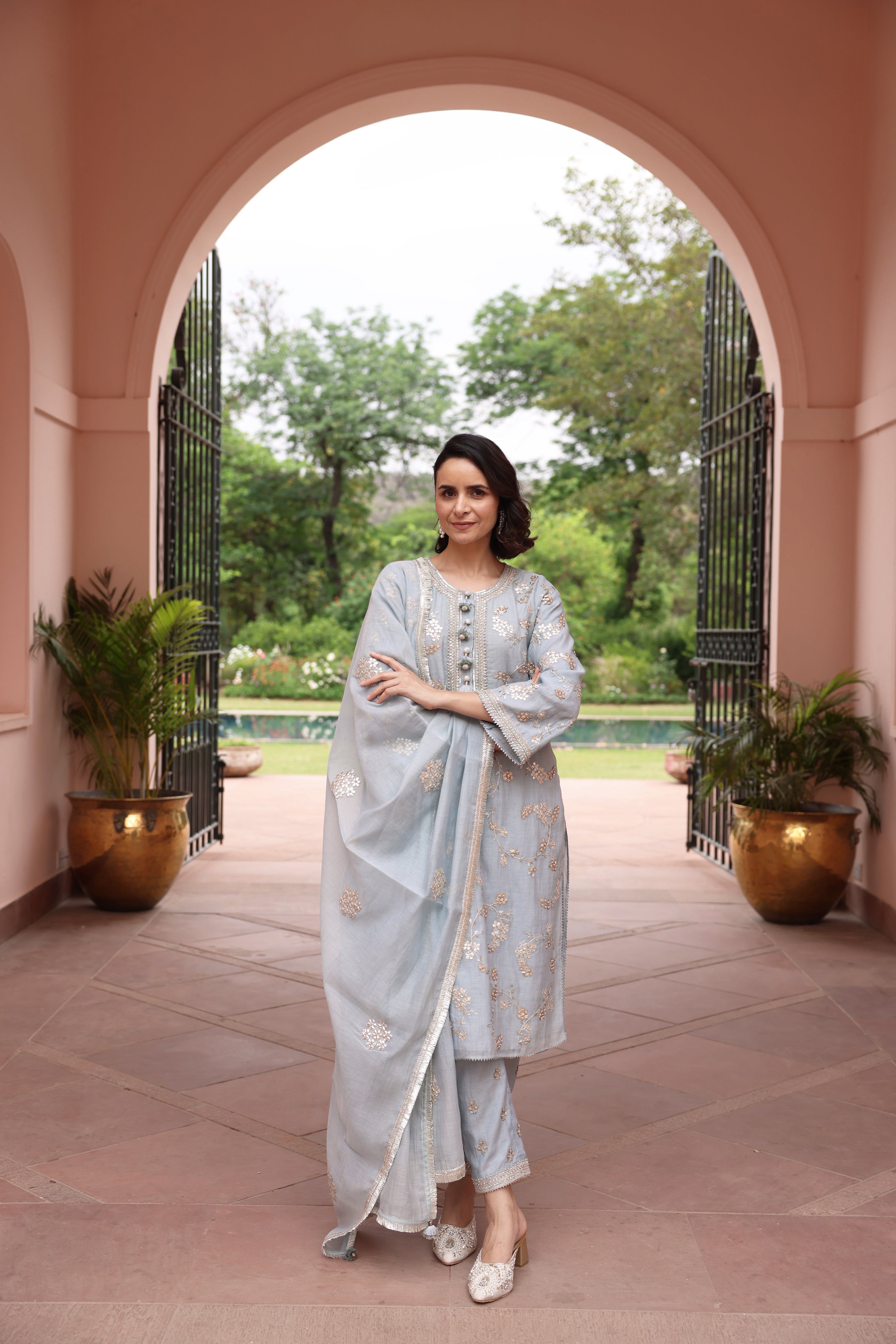 ICE BLUE VRINDA GOTA JAAL KURTA SET