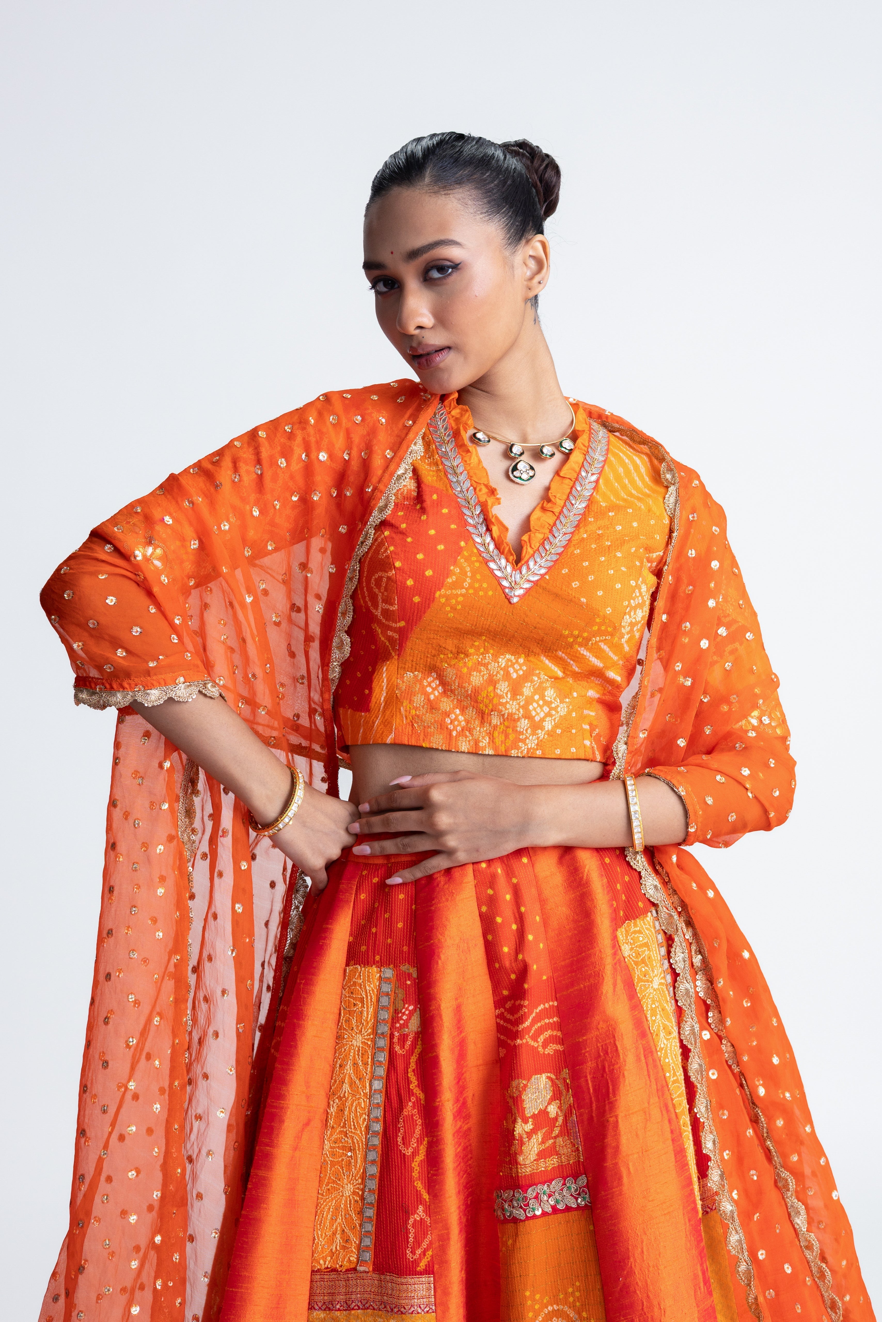 Patchwork Lehenga Set - Orange