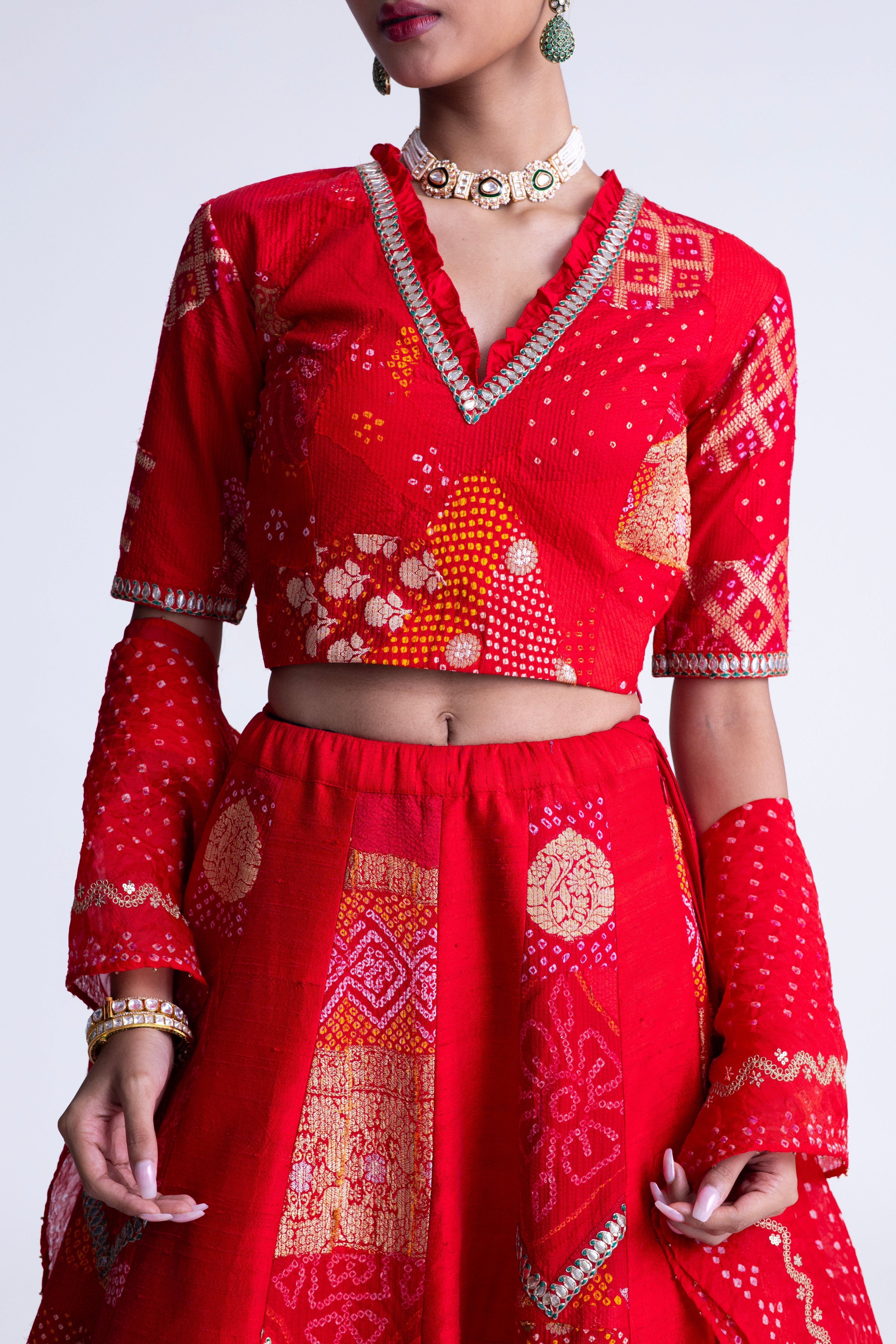Patchwork Lehenga Set - Red