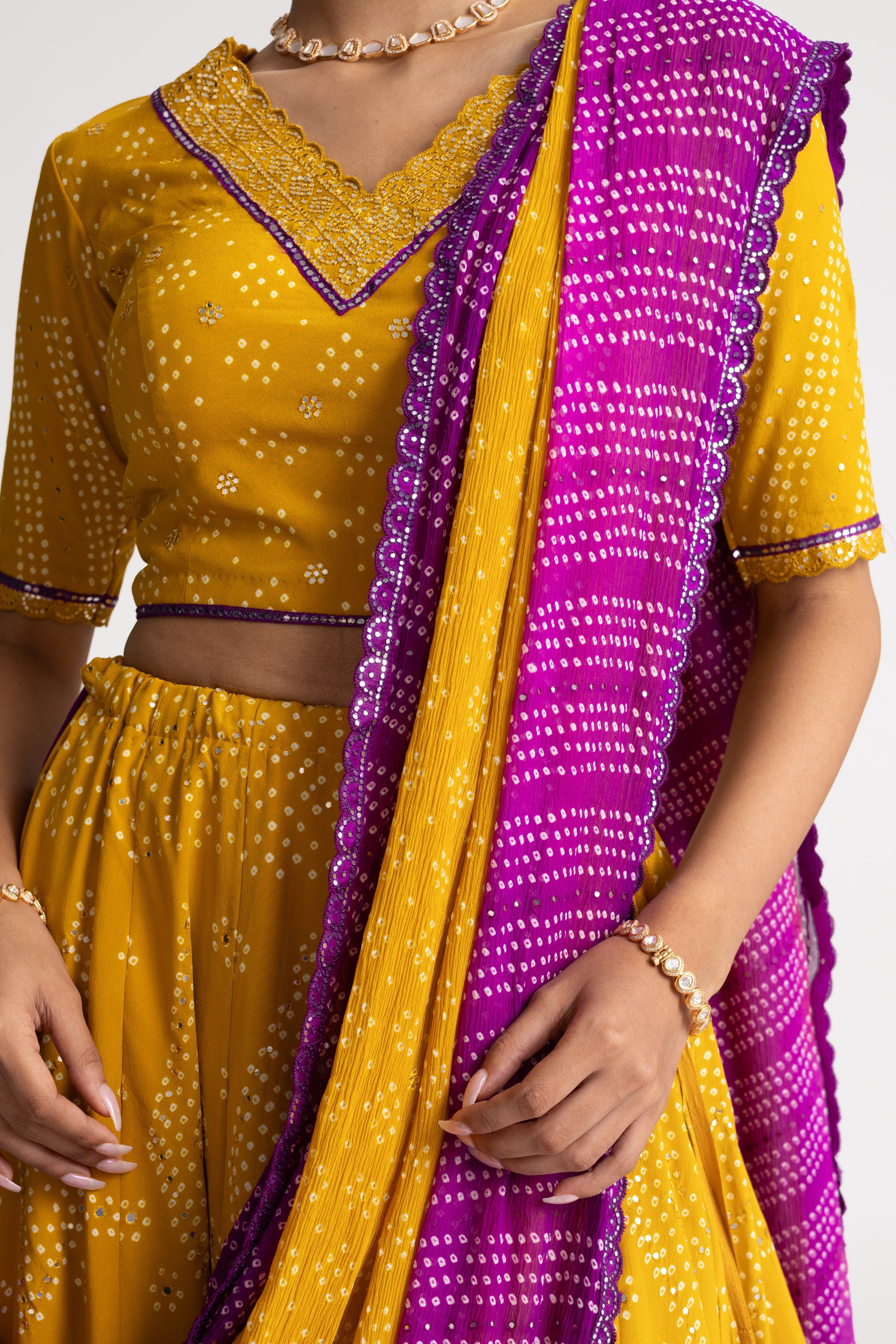 Crepe Bandhani Lehenga Set - Mustard Purple