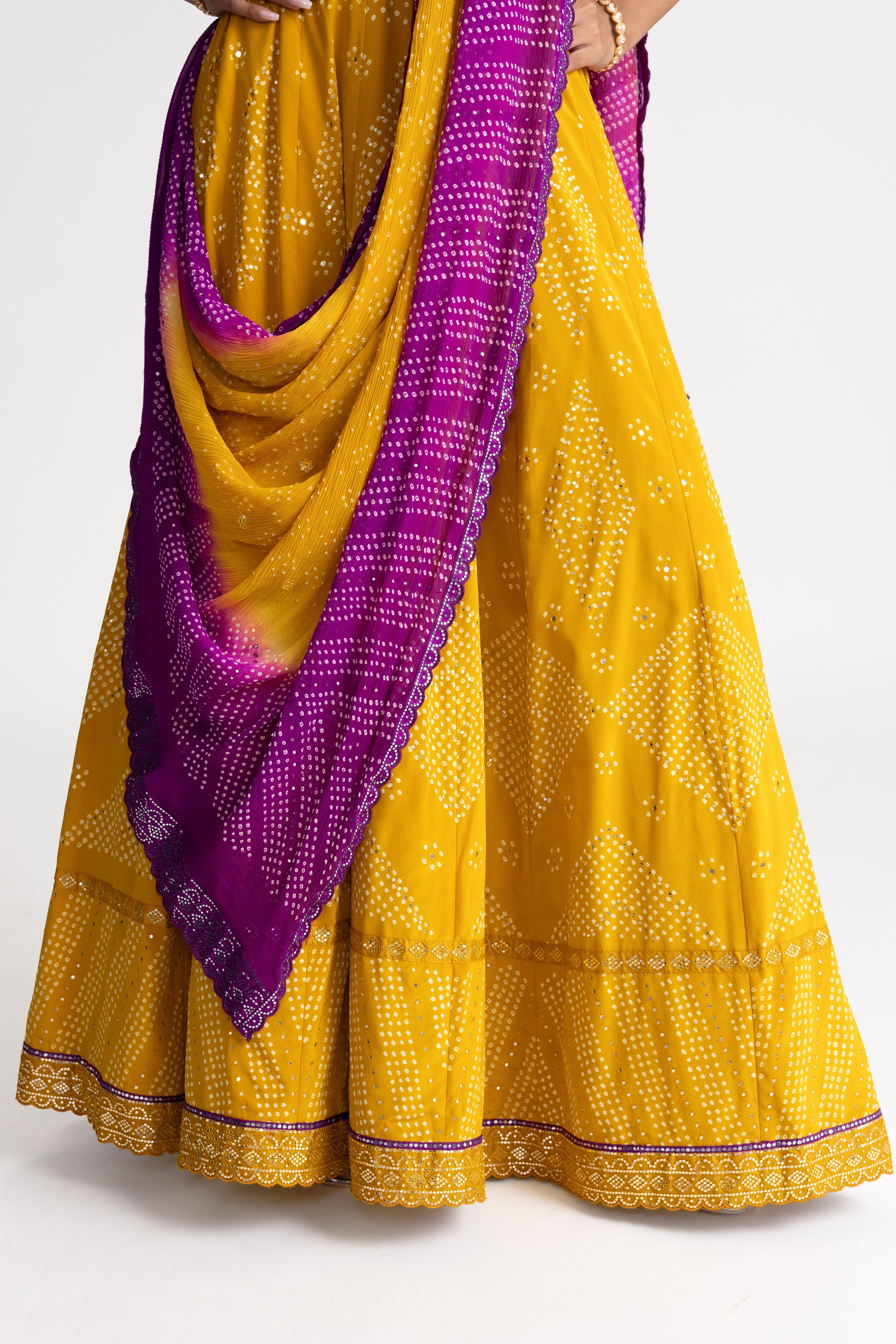 Crepe Bandhani Lehenga Set - Mustard Purple