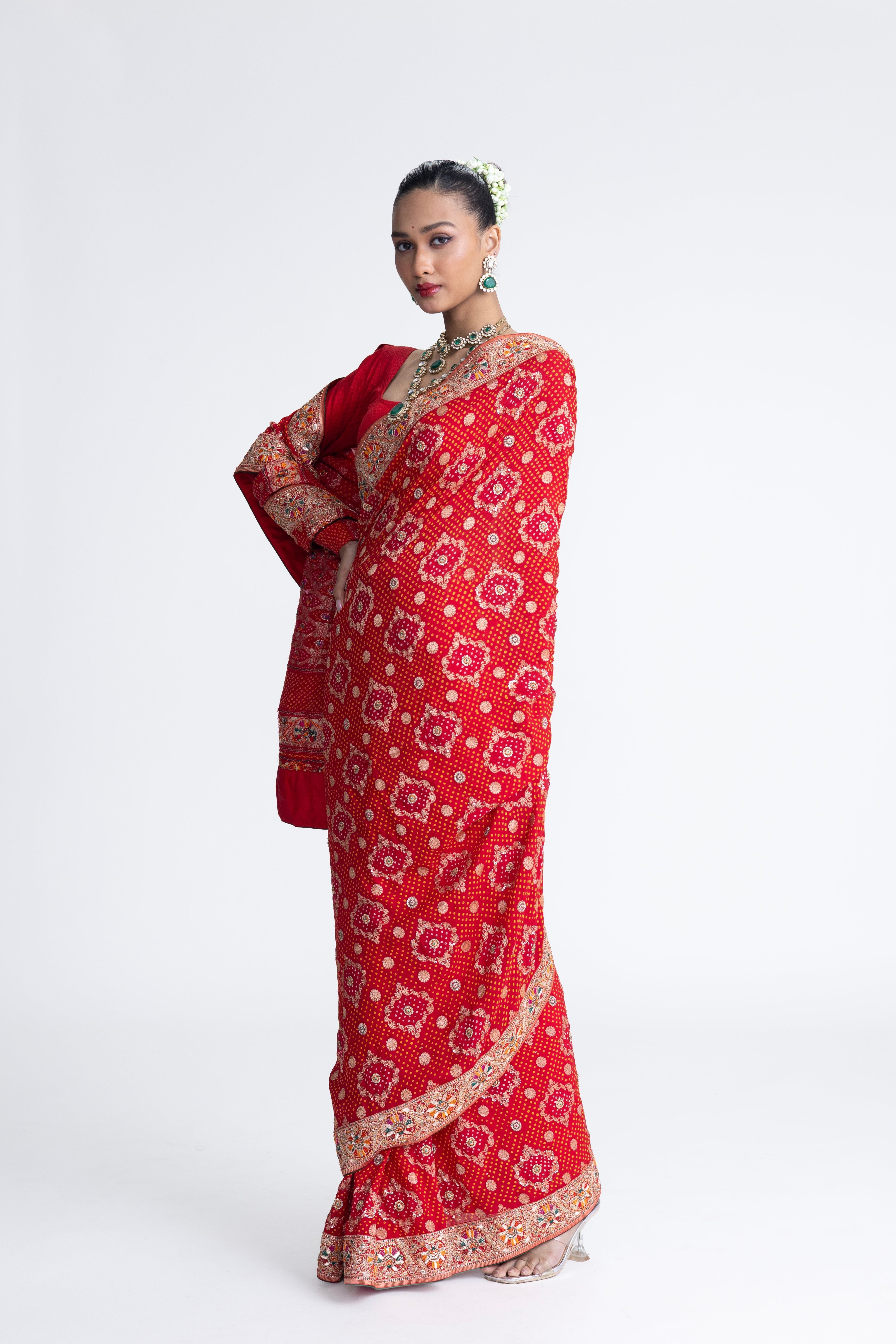 Embroidered Banarasi Bandhani Saree - Red