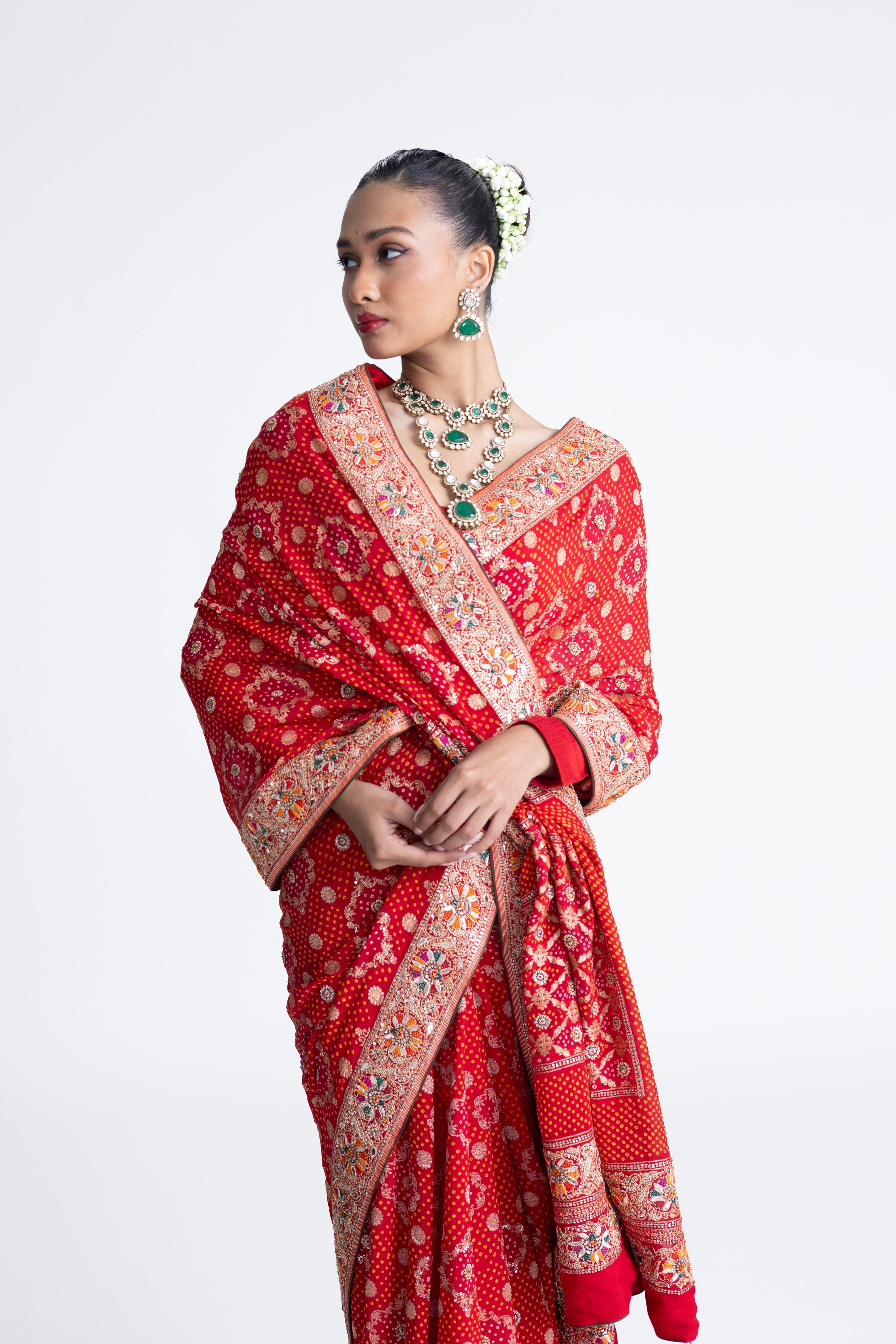 Embroidered Banarasi Bandhani Saree - Red