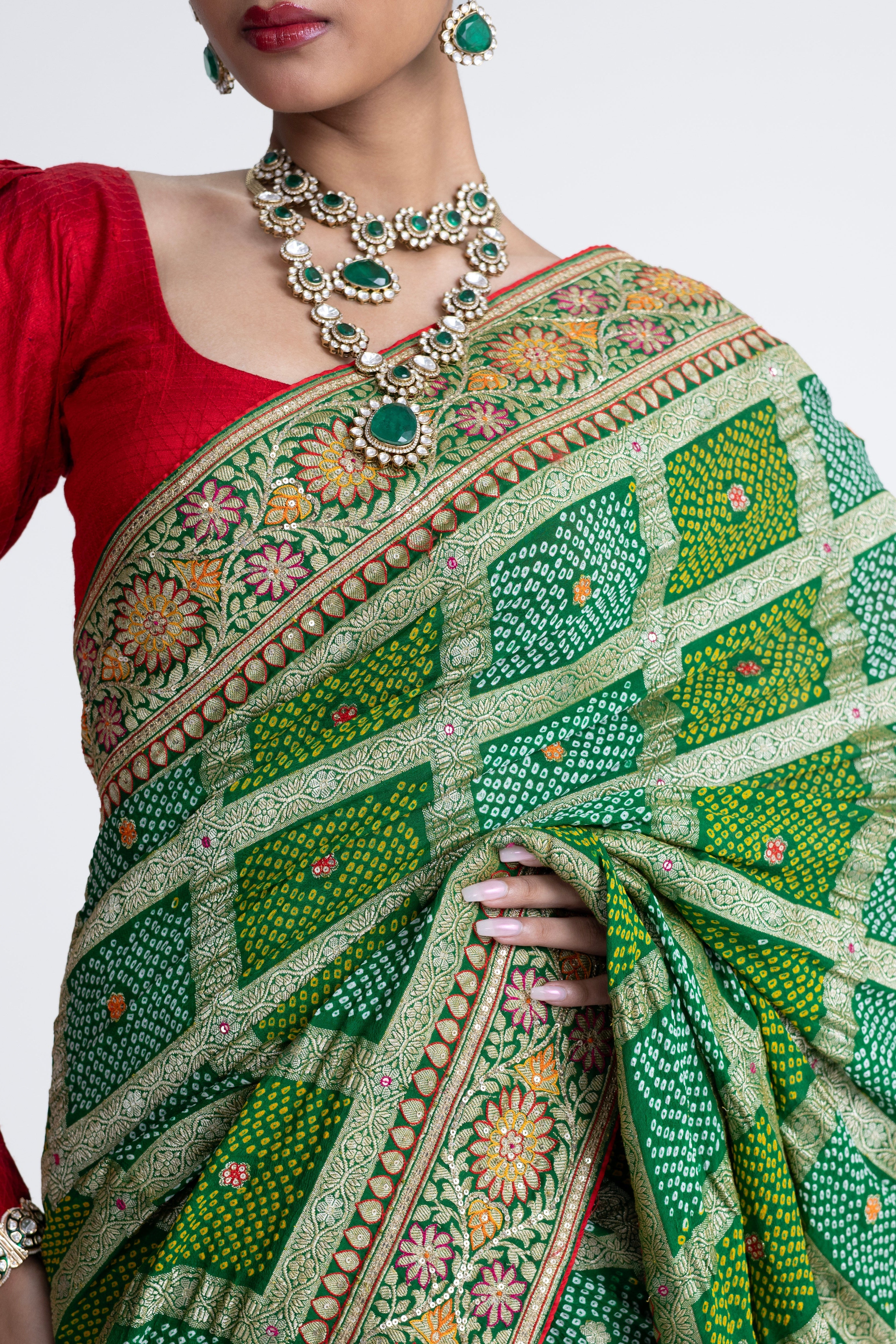 Green Gharchola Embroidered Saree - Green