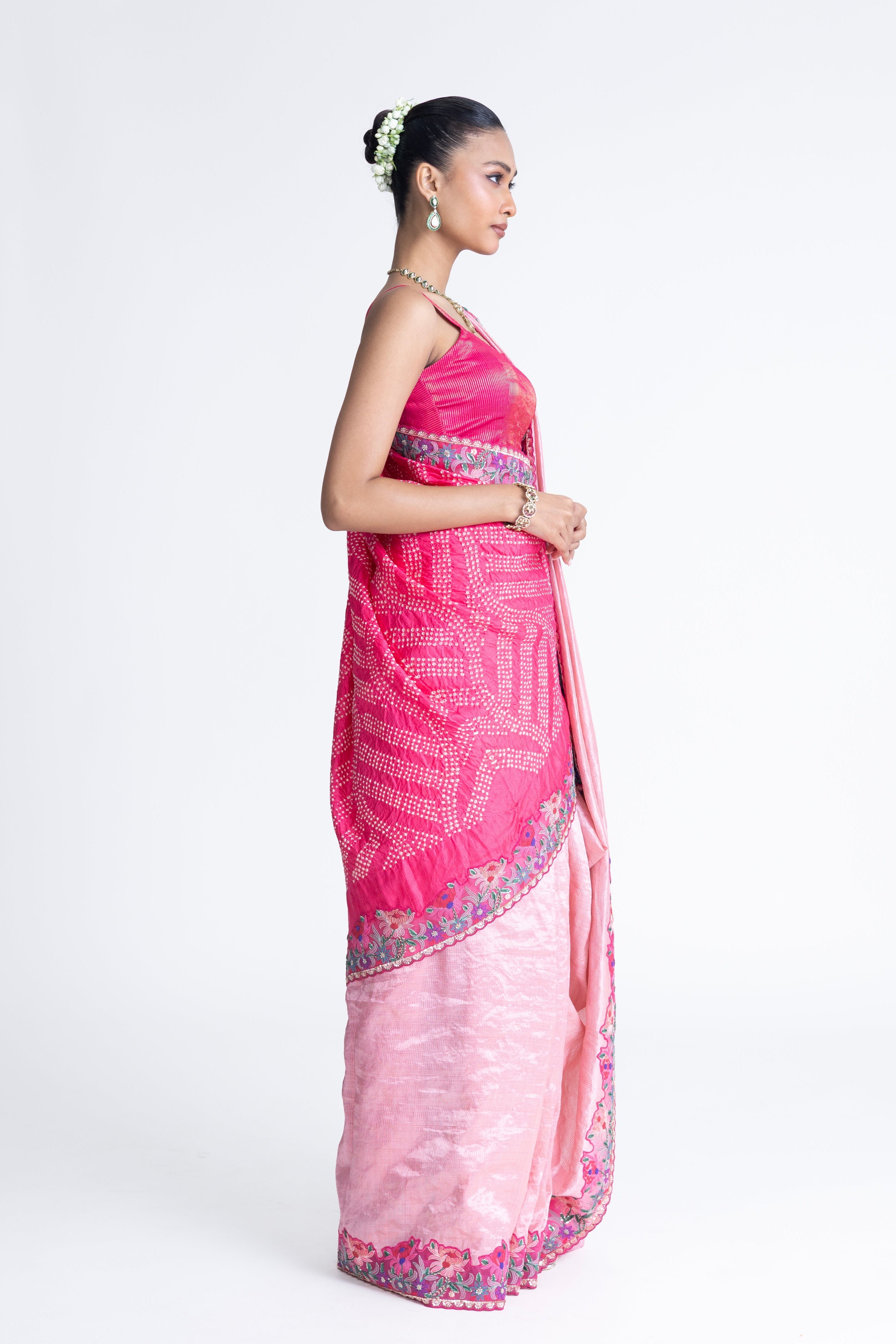 Shadow Stitch Bandhani Saree - Pink