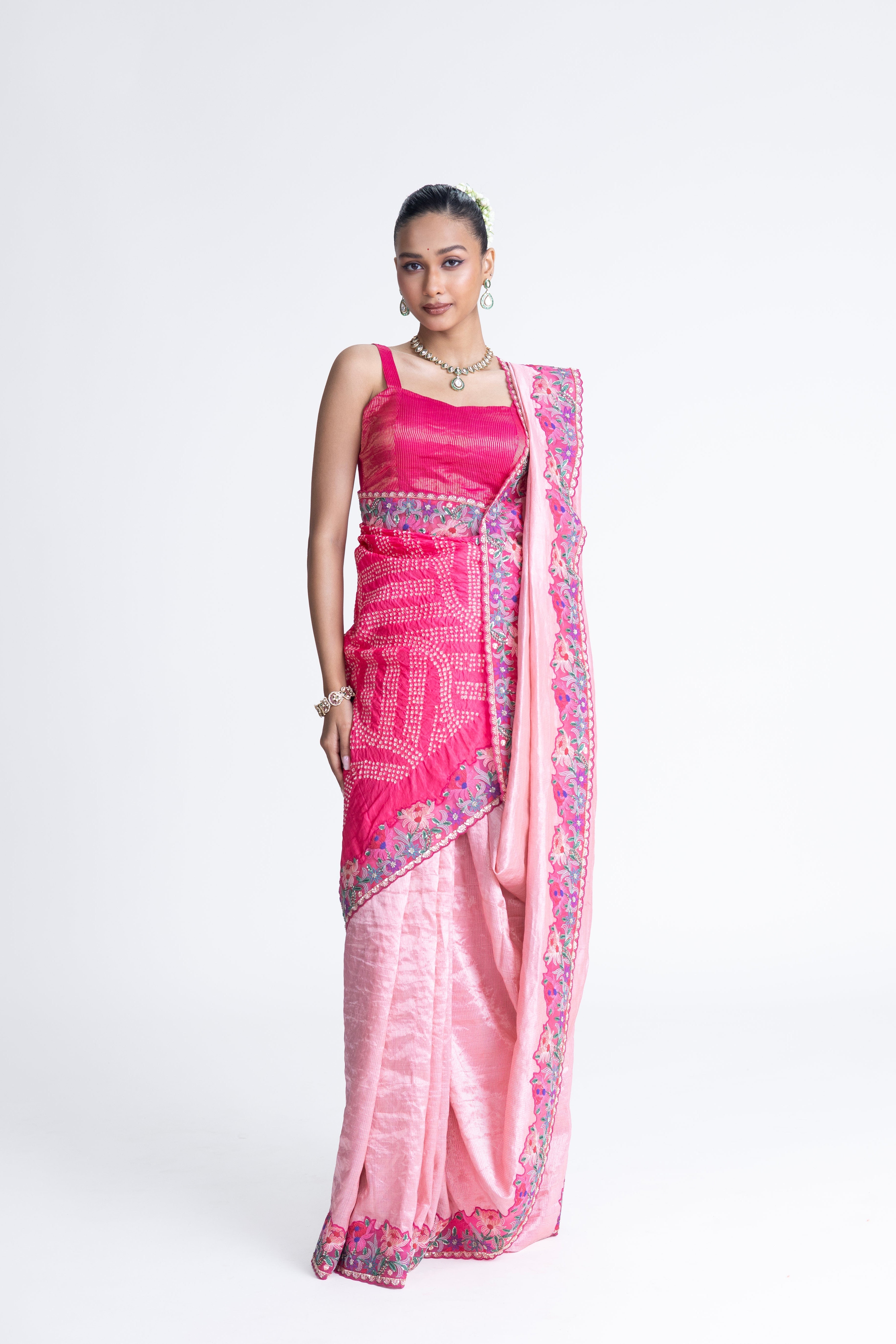 Shadow Stitch Bandhani Saree - Pink