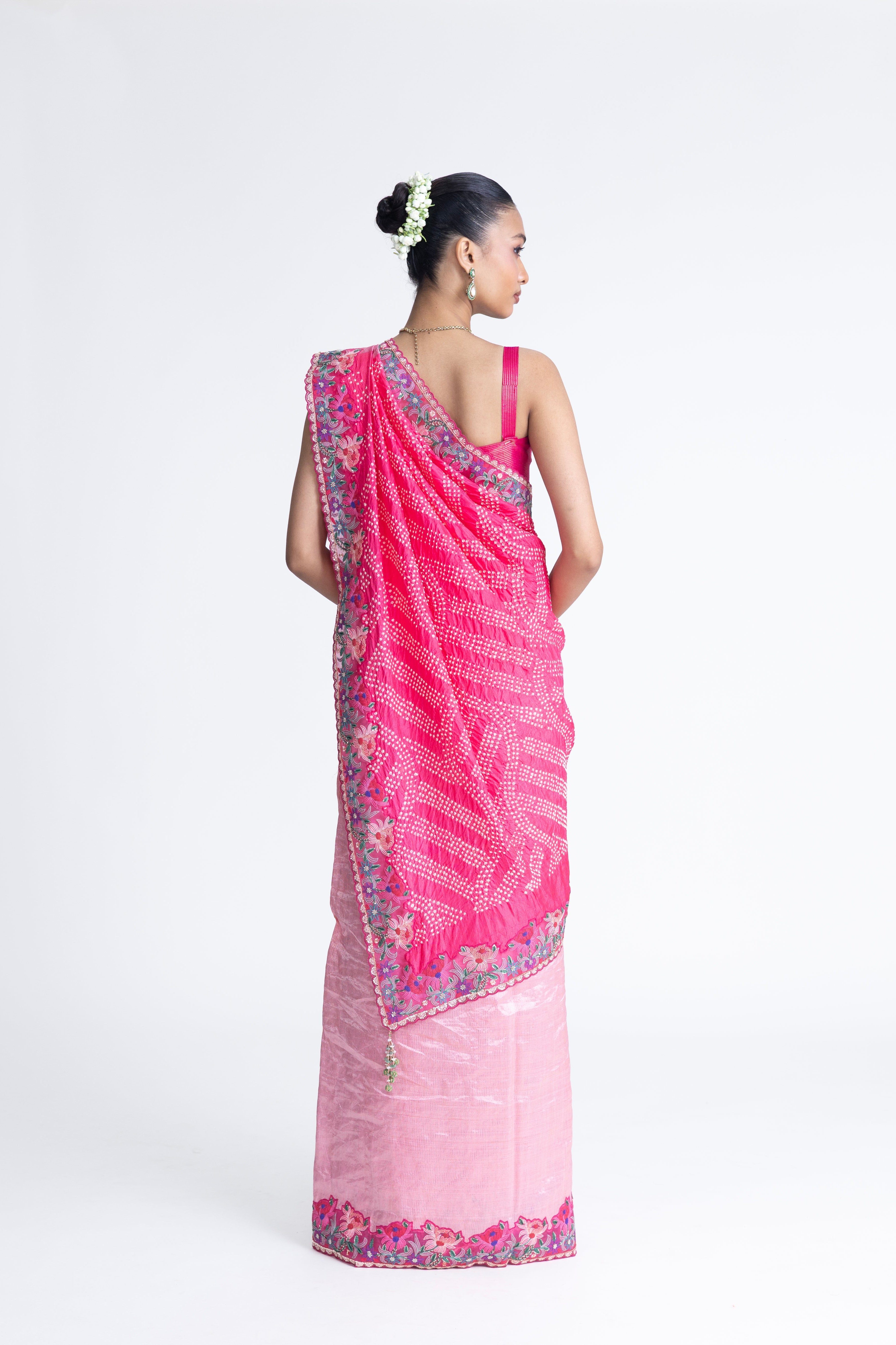 Shadow Stitch Bandhani Saree - Pink
