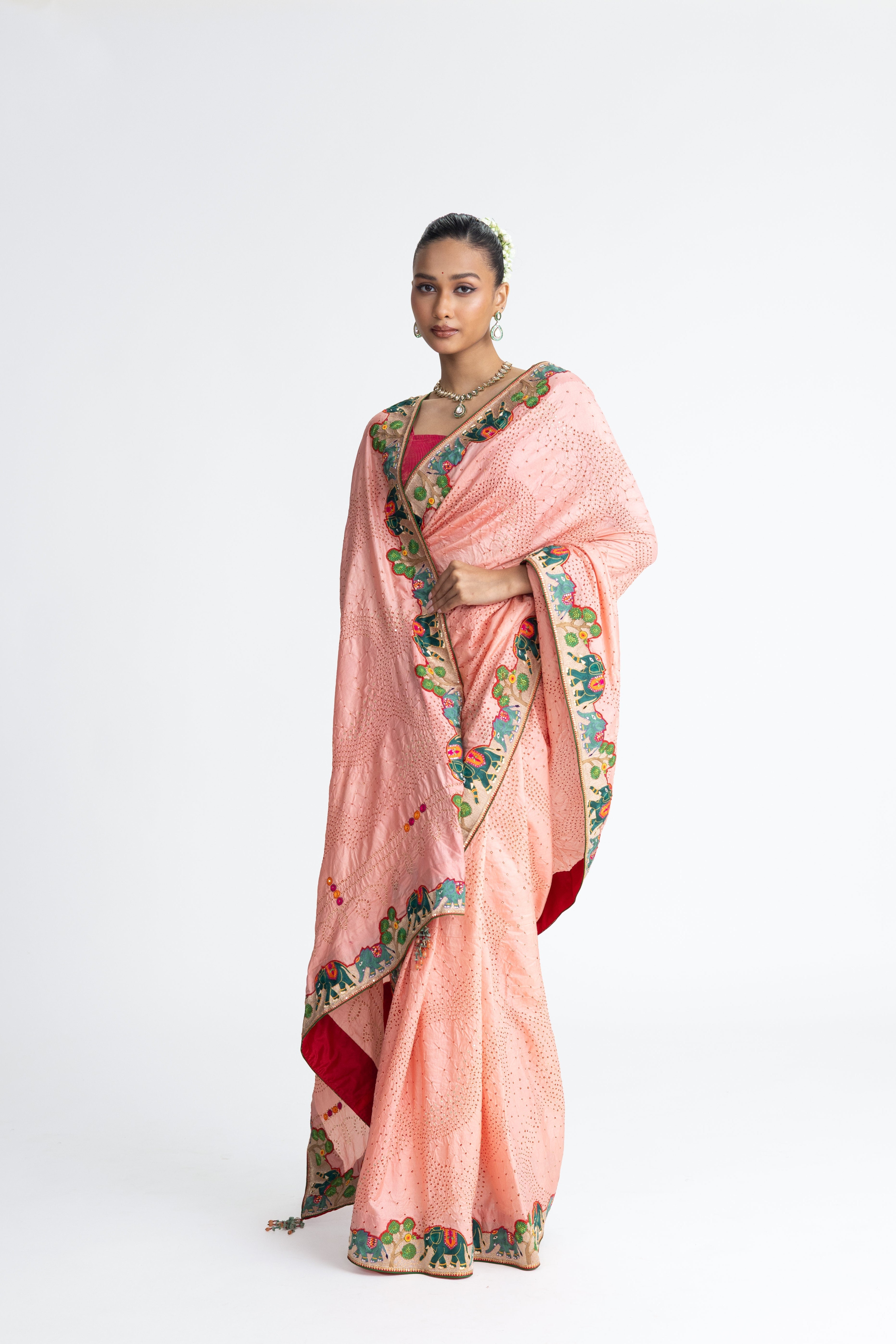 Bandhani Silk Aari Embroidery Saree - Peach