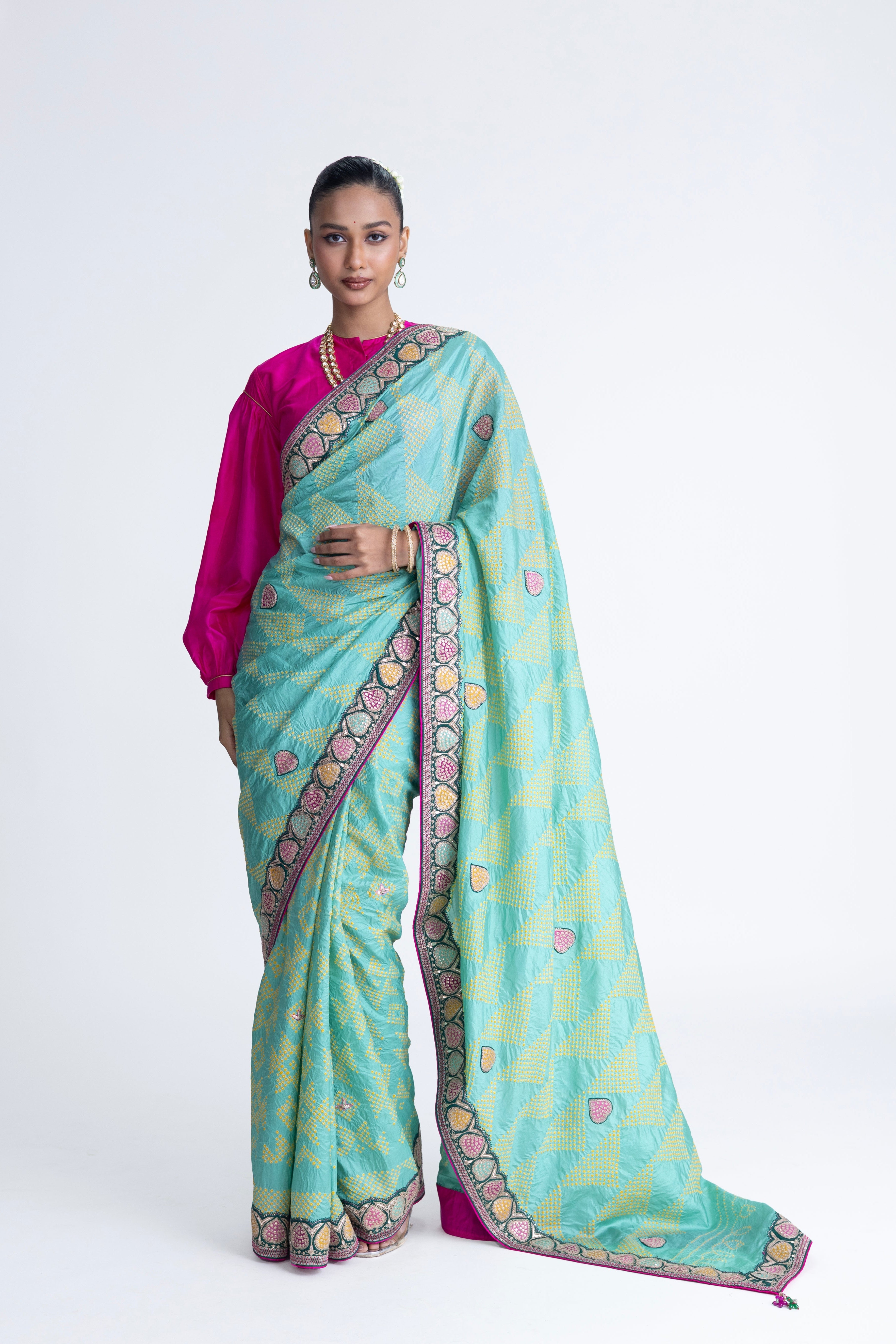 Bandhani Silk Aari Embroidery Saree - Mint Green