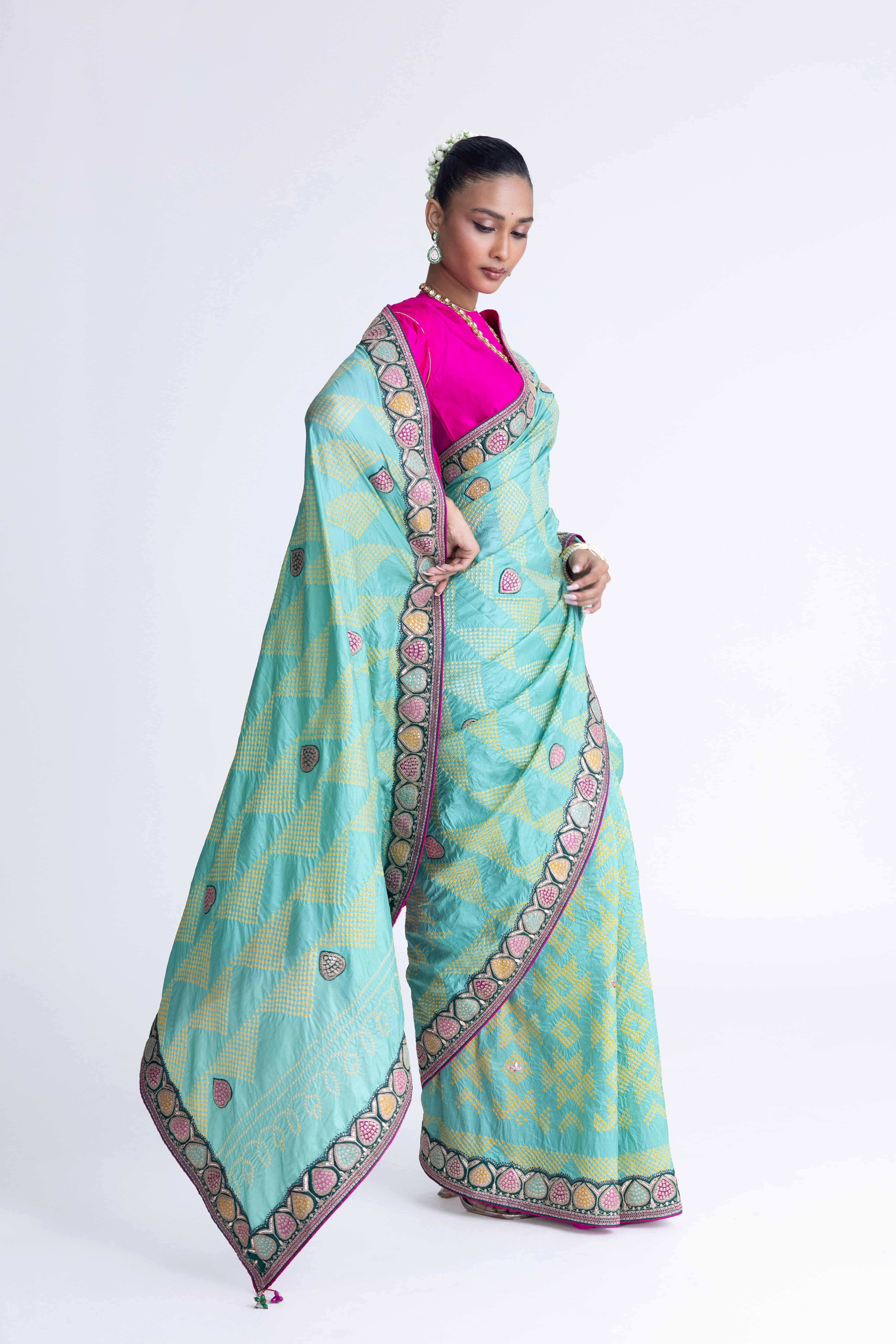 Bandhani Silk Aari Embroidery Saree - Mint Green