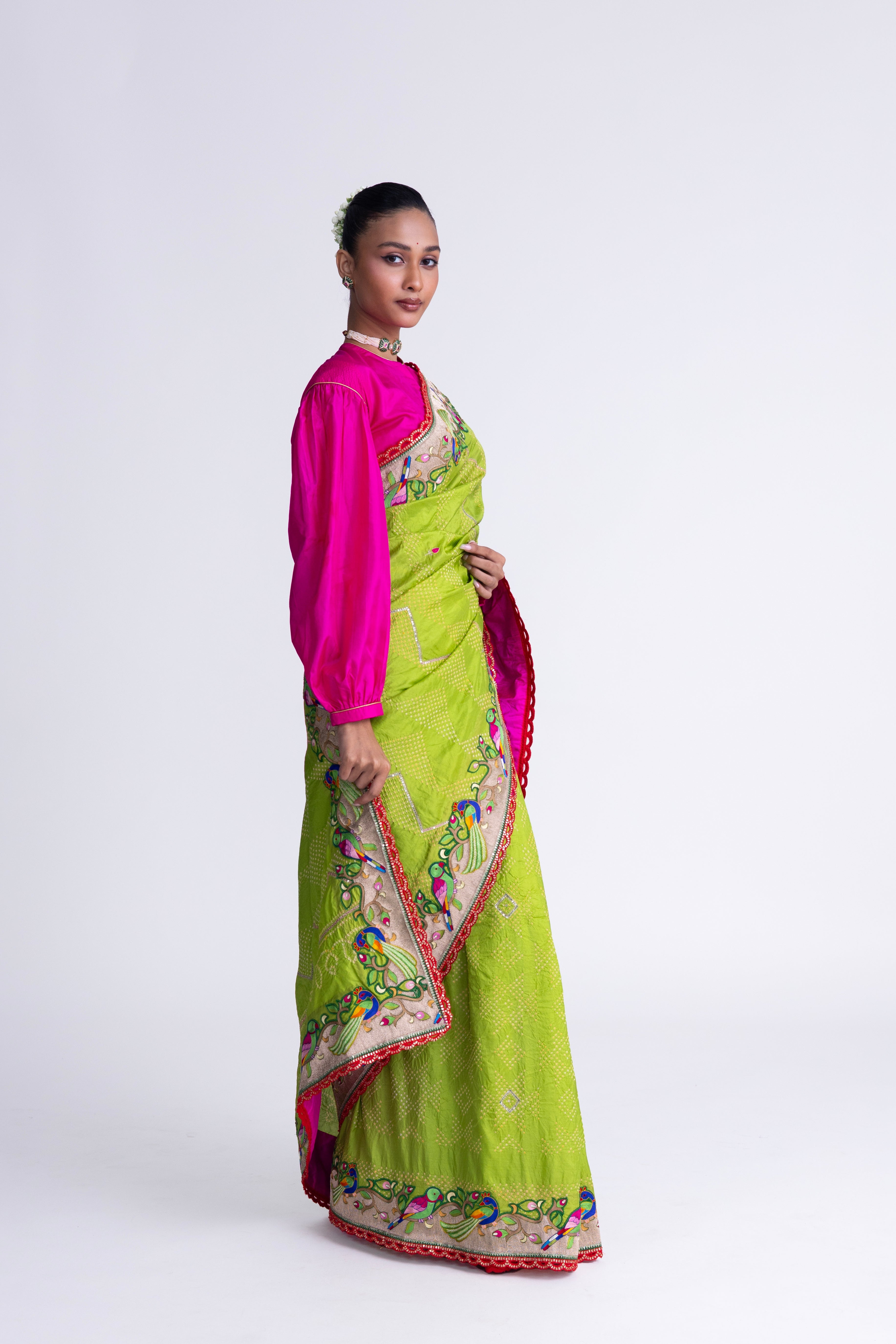 Bandhani Silk Aari Embroidery Saree - Parrot Green