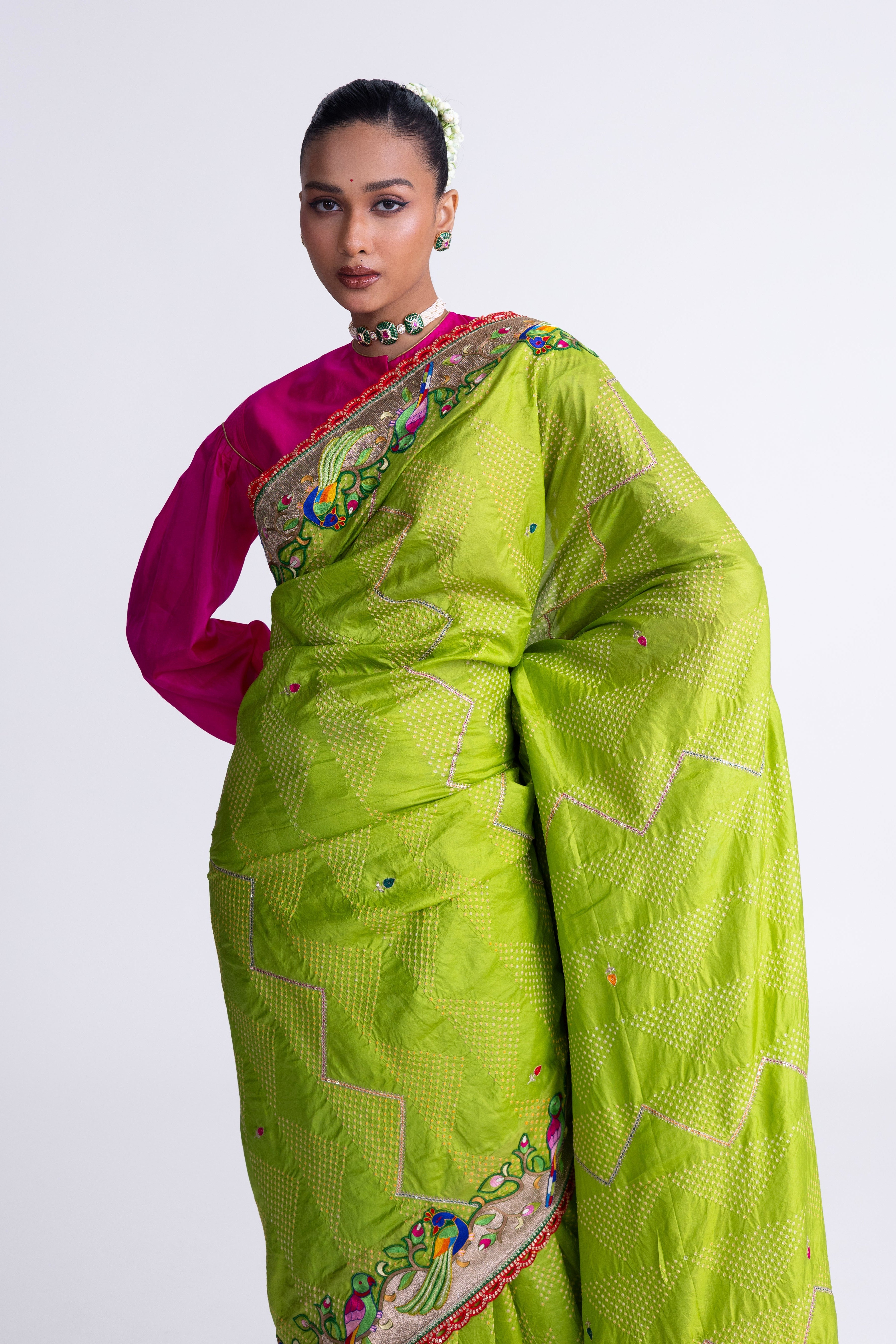 Bandhani Silk Aari Embroidery Saree - Parrot Green